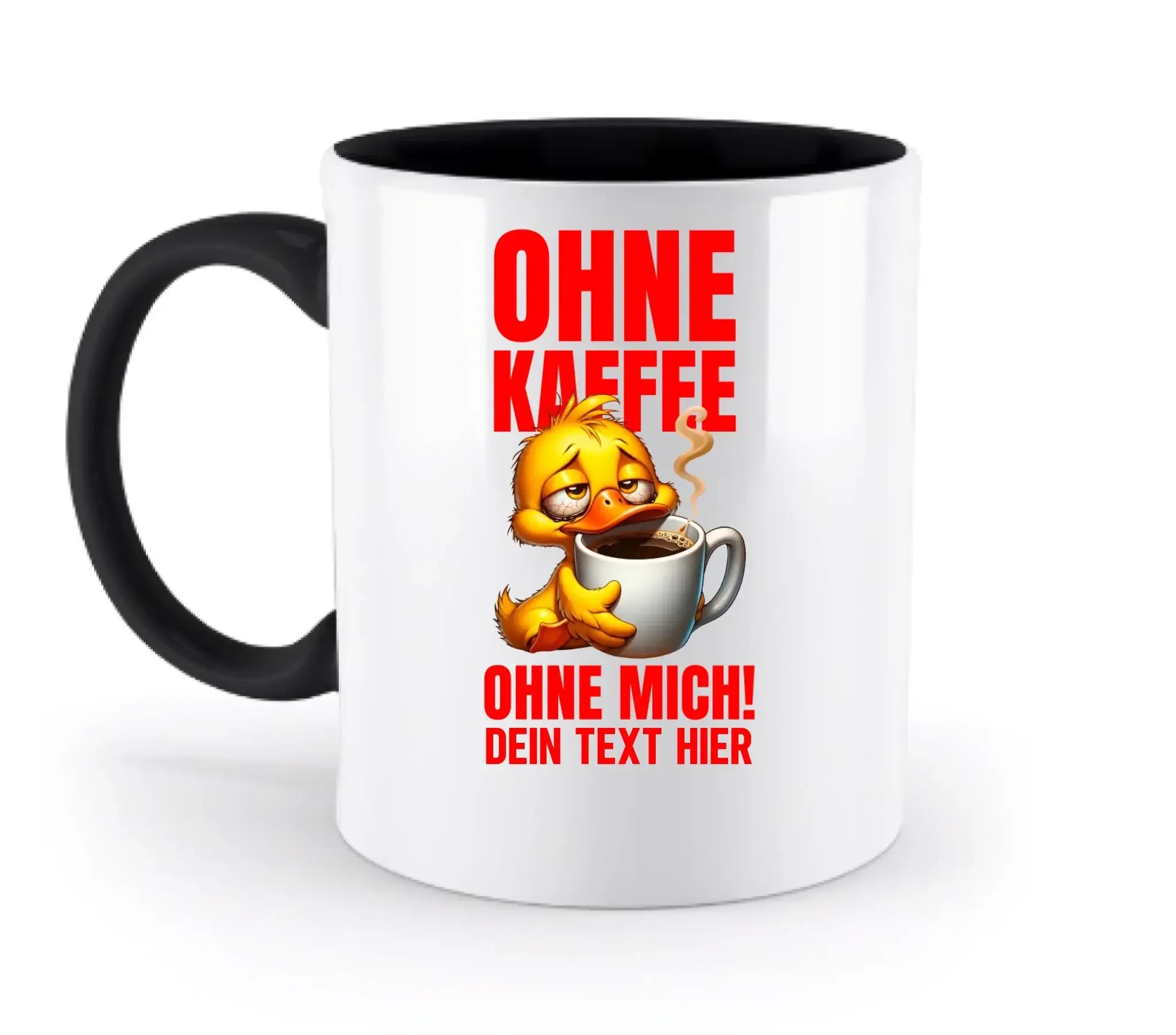 Weiße keramiktasse mit schwarzem griff und innen, lustiger gelber enten-cartoon und rotem deutschen text, spülmaschinenfest