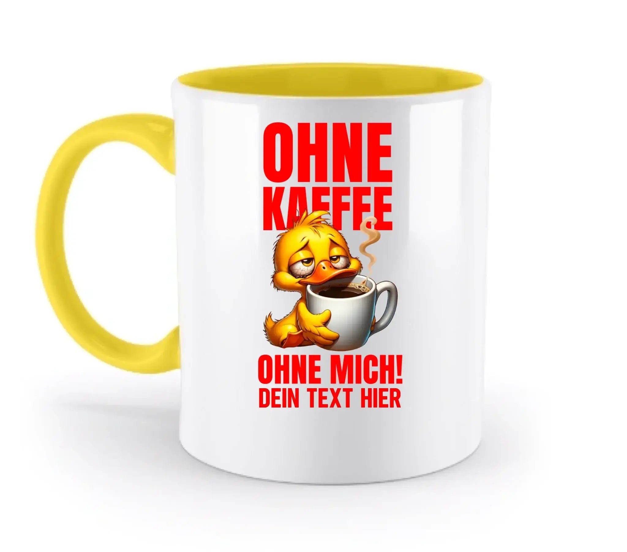 Weiße keramiktasse mit gelbem griff und innenbereich, cartoonente mit kaffee und rotem deutschen text, spülmaschinenfest