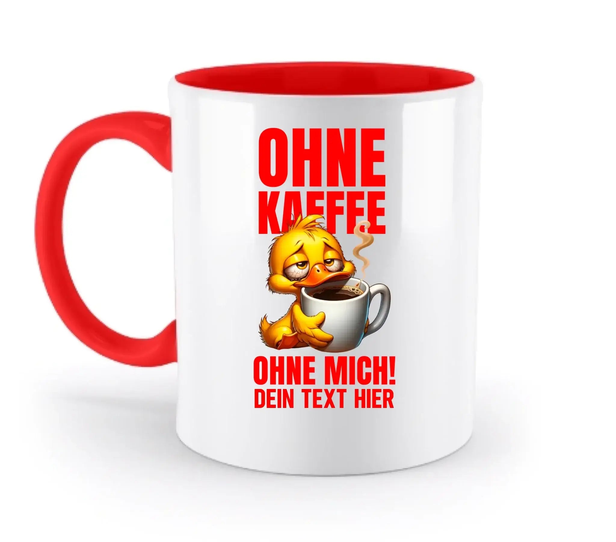 Weiße keramiktasse mit rotem griff und innenfarbe mit lustigem gelbem entenmotiv und rotem text auf deutsch