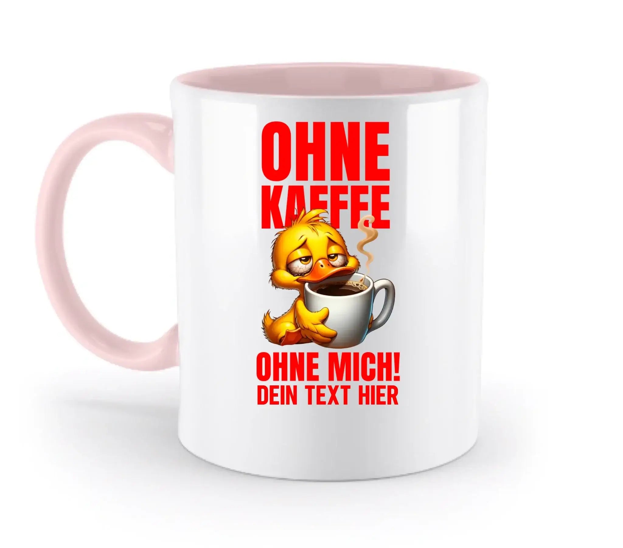 Weiße keramikmug mit pinkfarbenem griff und innenleben, gelbe comicente hält kaffeetasse, roter deutscher text, spülmaschinenfest