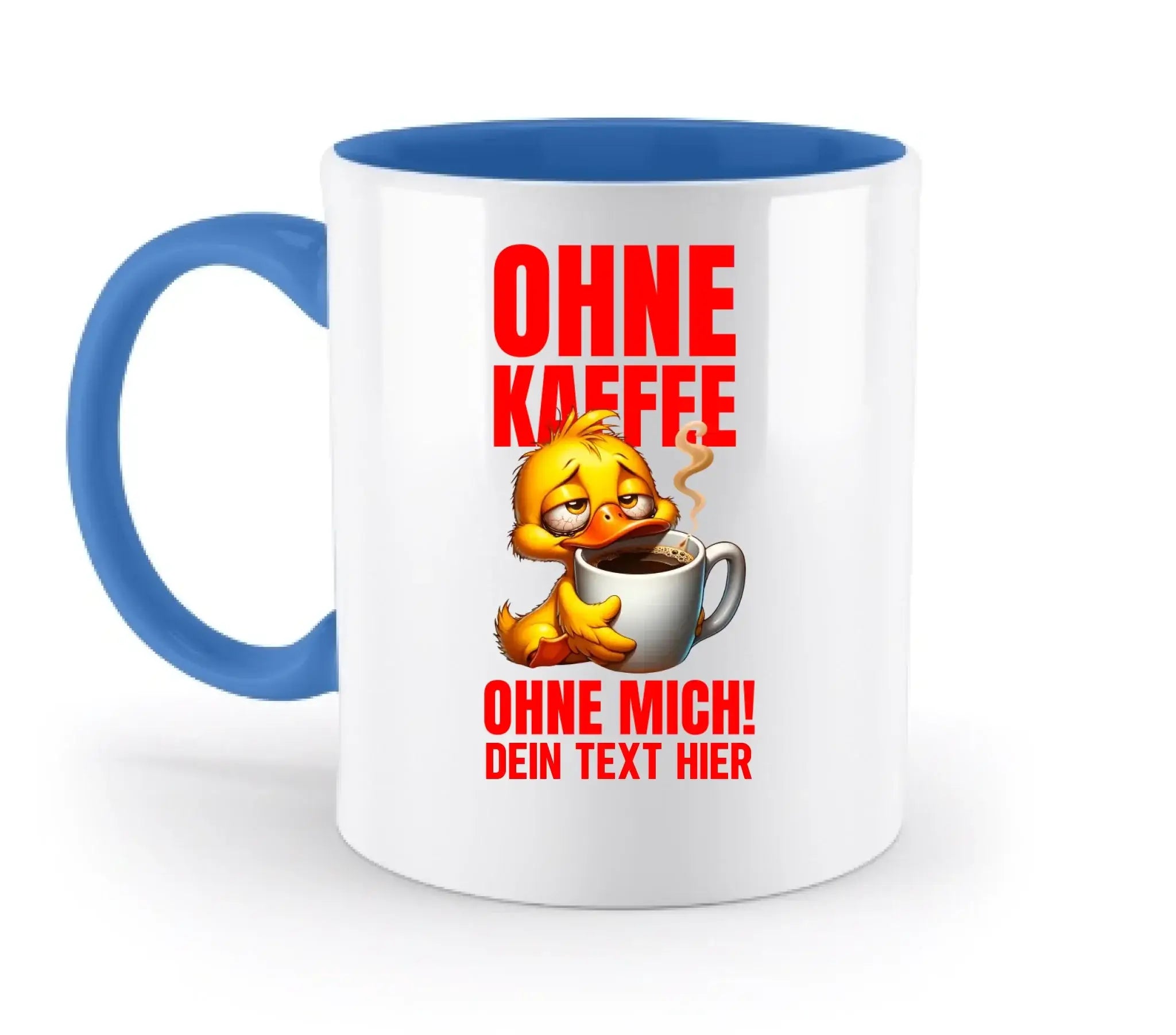 Weiße keramiktasse mit blauem inneren und griff, gelbe cartoonente mit kaffeetasse und rotem deutschen text, personalisierbar