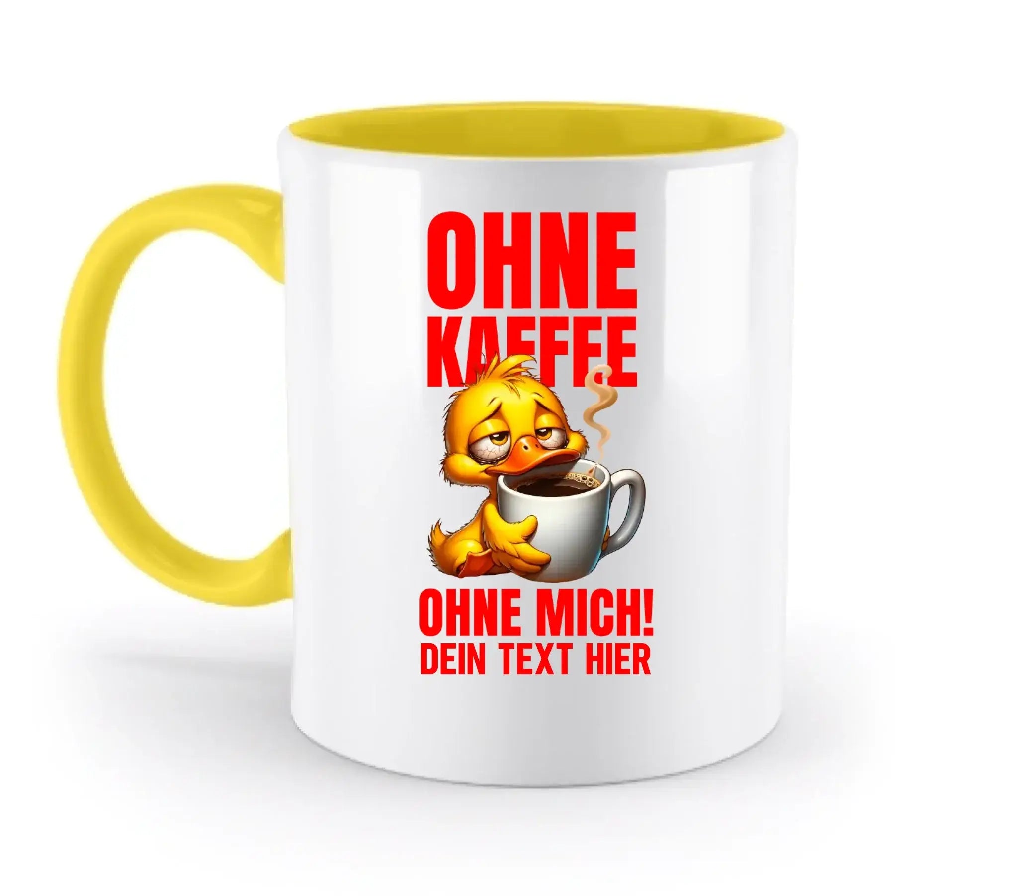 Weiße keramik tasse mit gelbem griff und innen, cartoon ente beim kaffee trinken, roter deutscher text, spülmaschinenfest