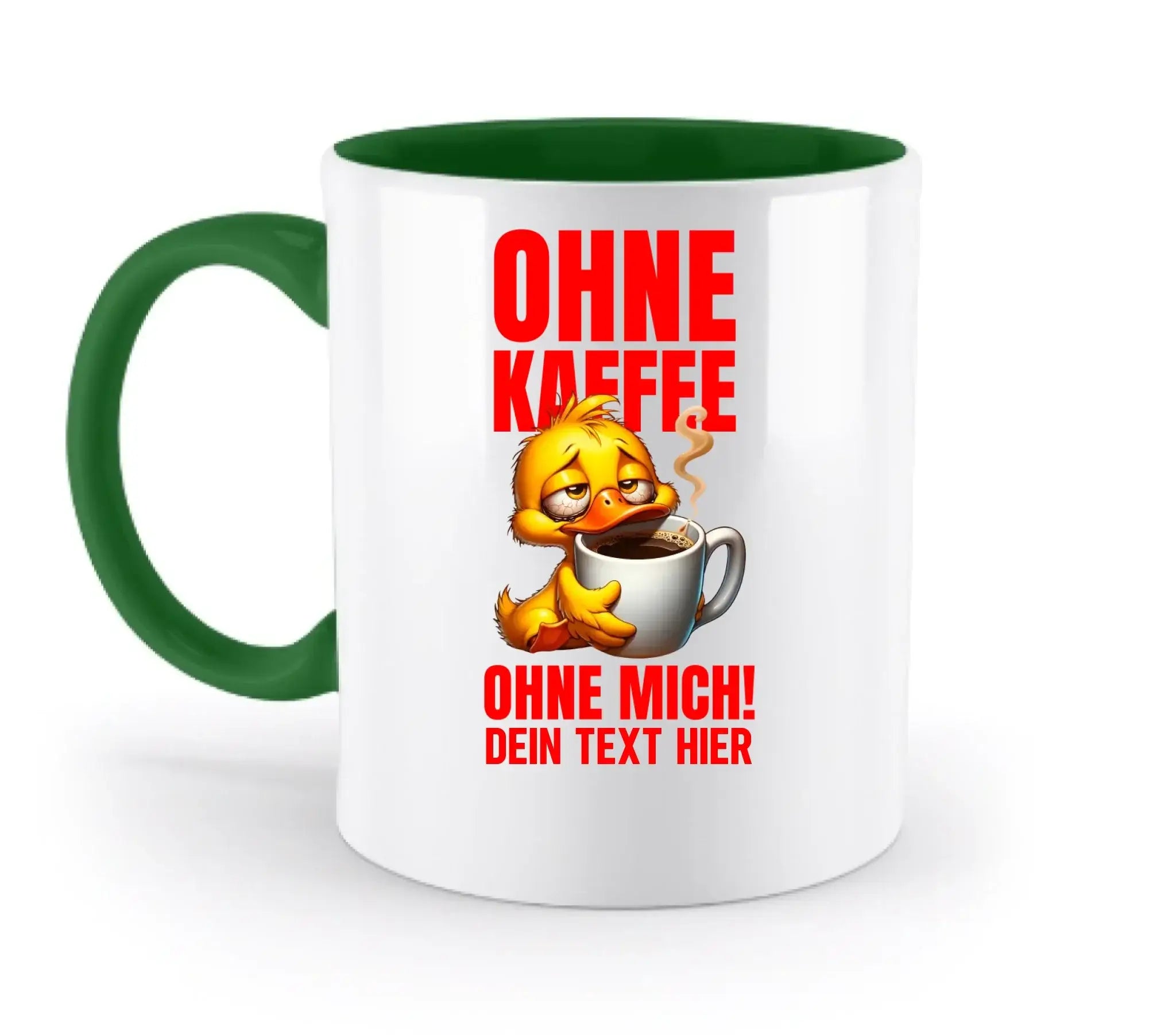 Weiße keramik tasse mit grünem griff und innen, cartoonente mit kaffeetasse und rotem deutschen text, spülmaschinenfest