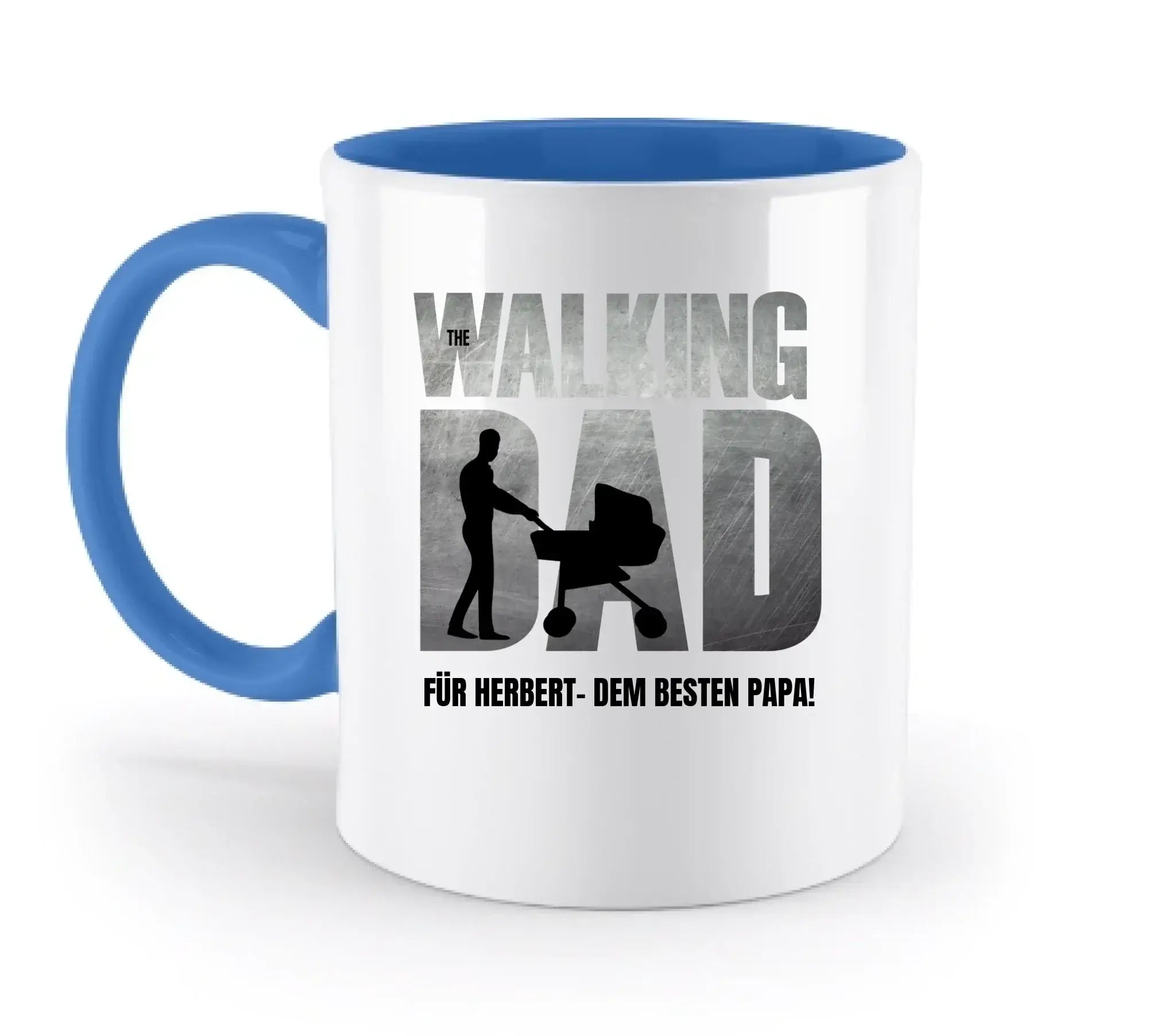 Weiße keramiktasse mit blauem griff und innenseite spülmaschinenfest mit walking dad motiv fürs vatertagsgeschenk