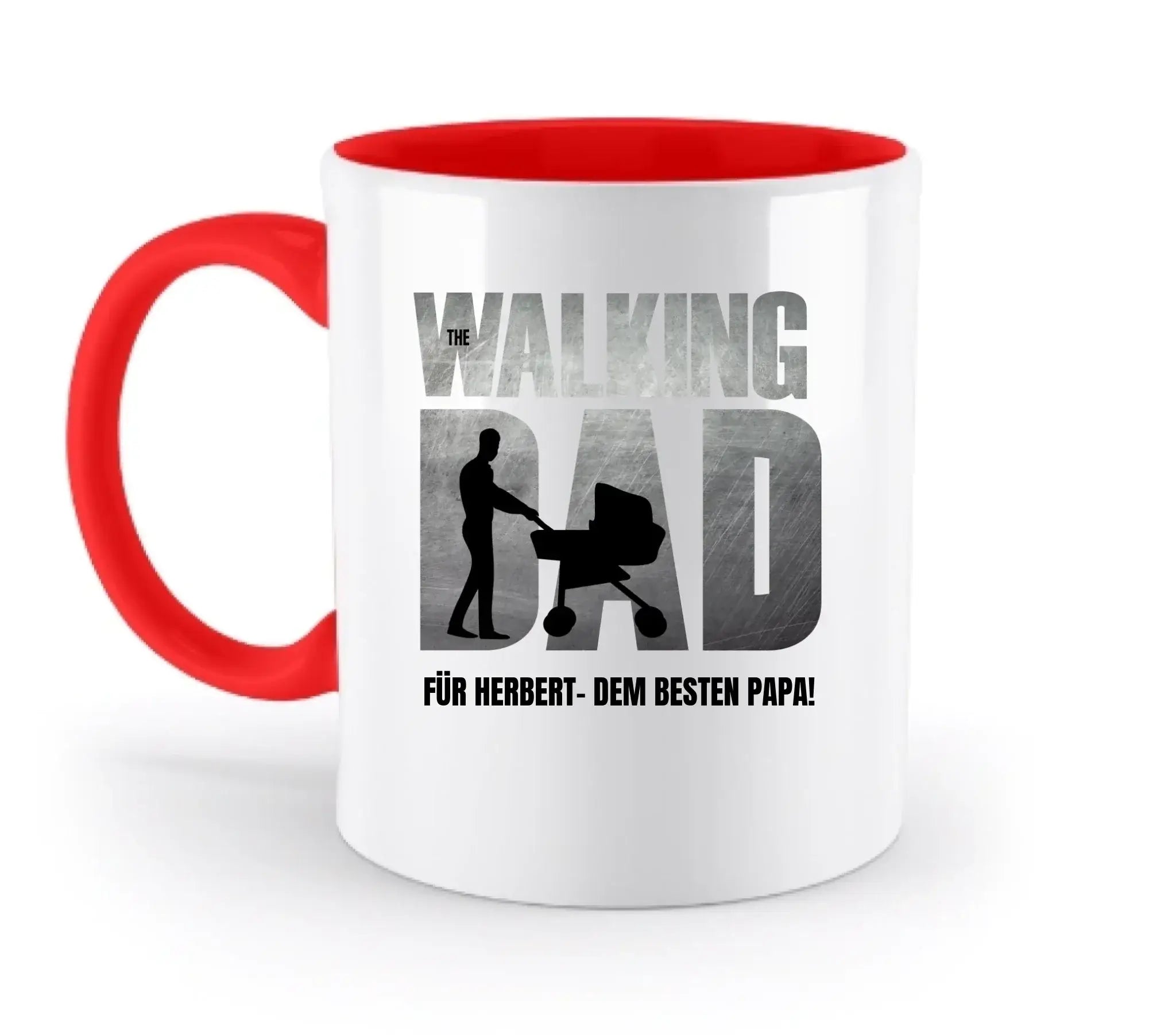 Weiße keramik-tasse mit rotem griff und innenfarbe spülmaschinenfest mit the walking dad grafik zum vatertag