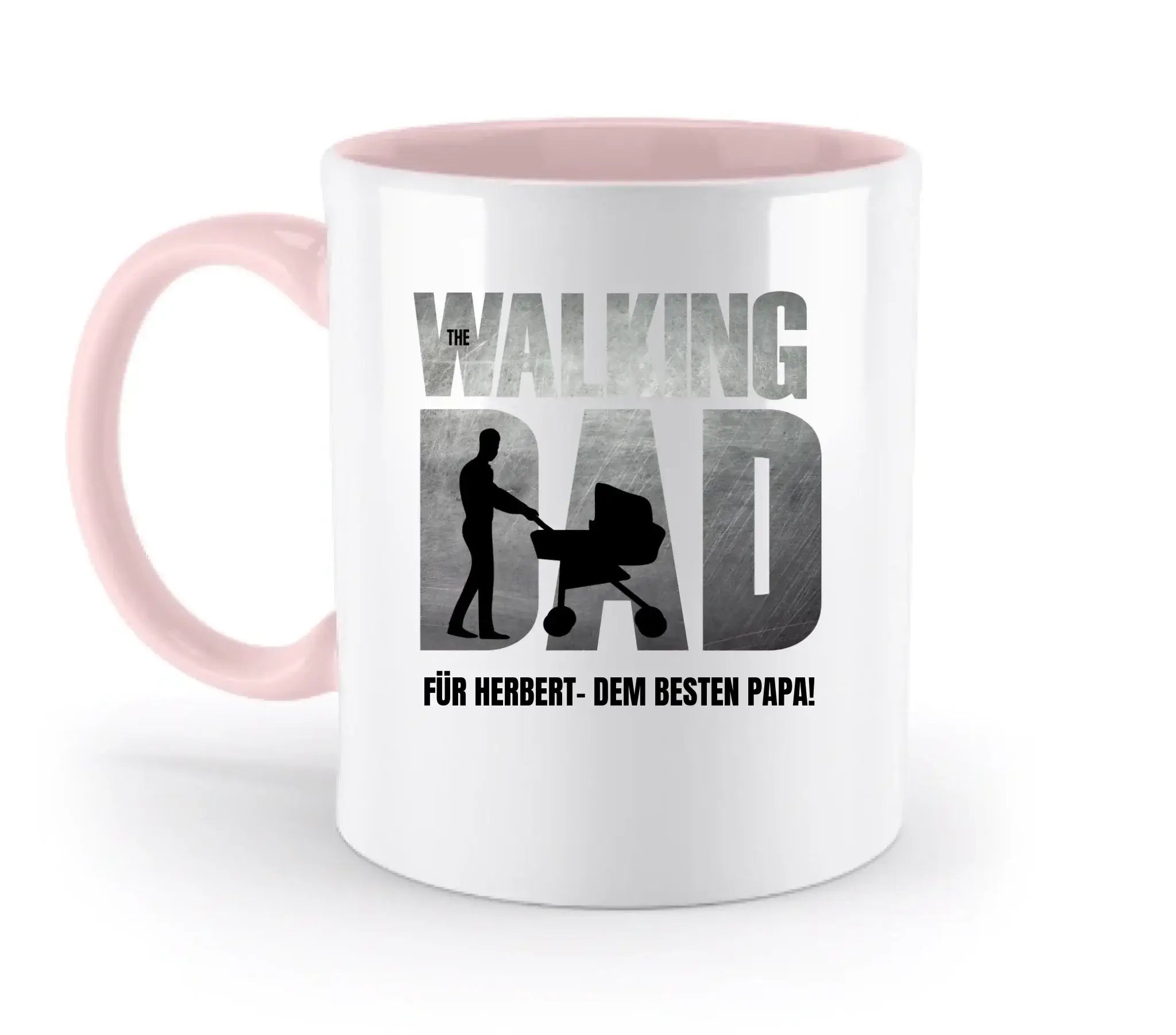 Weiße keramik tasse mit rosa innen und griff mit text the walking dad und kinderwagen motiv, spülmaschinenfest ideal zum vatertag