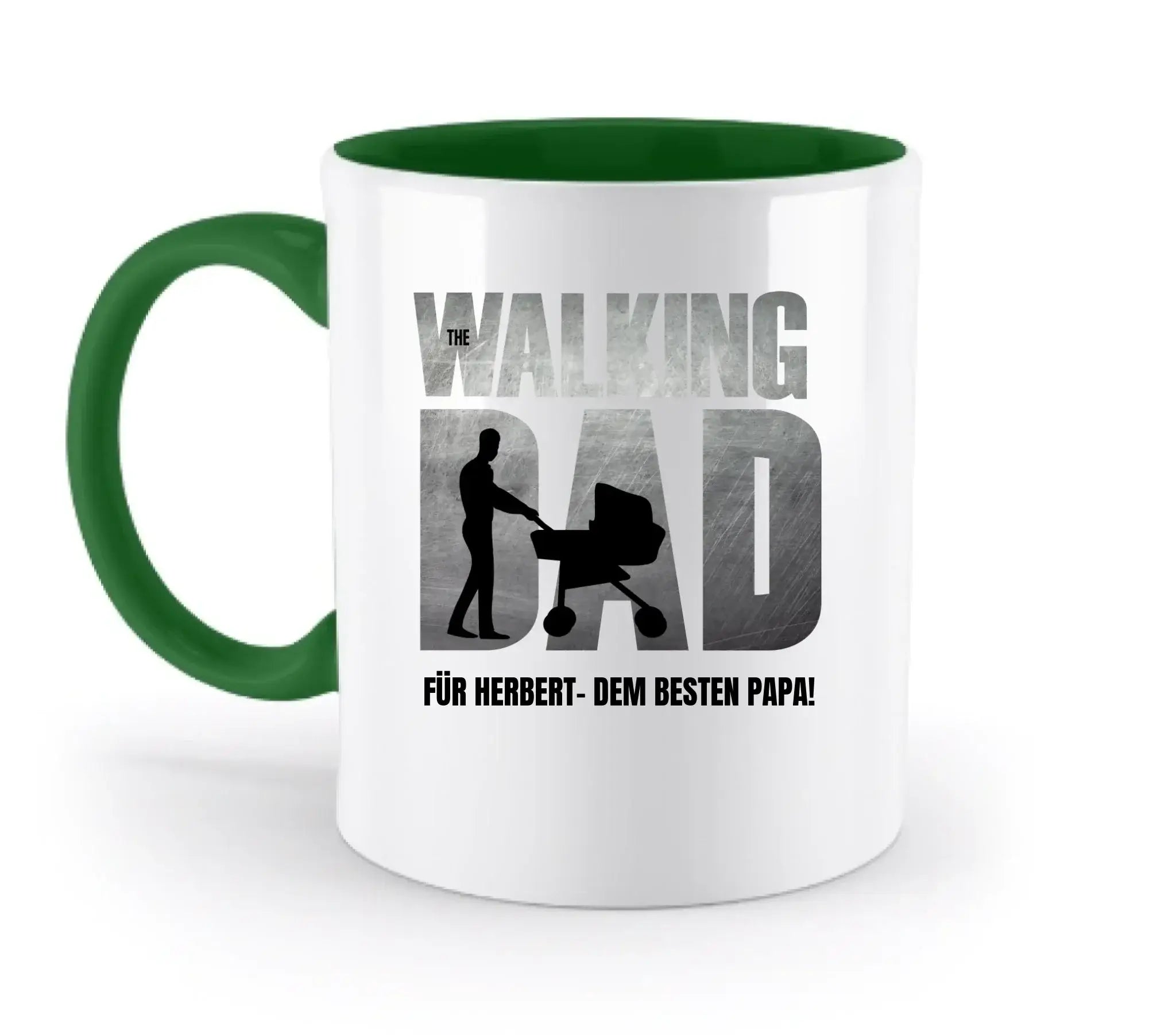 Weiße keramik tasse mit grünem griff und innen, spülmaschinenfest, motiv the walking dad für vatertag
