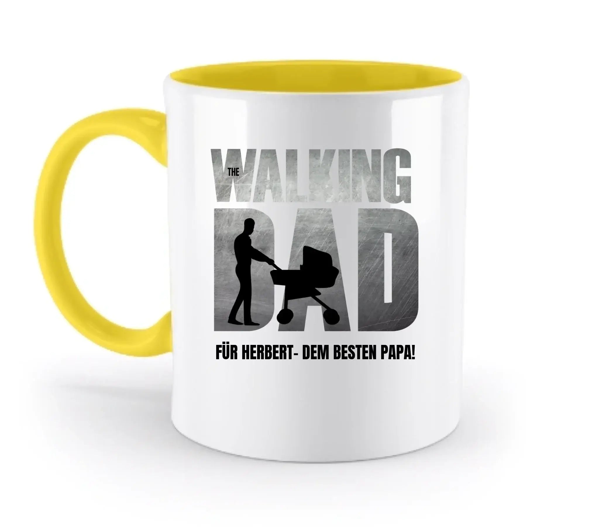 Weiße keramiktasse mit gelbem griff und innenfarbe spülmaschinenfeste tasse bester papa vatertag mit the walking dad text