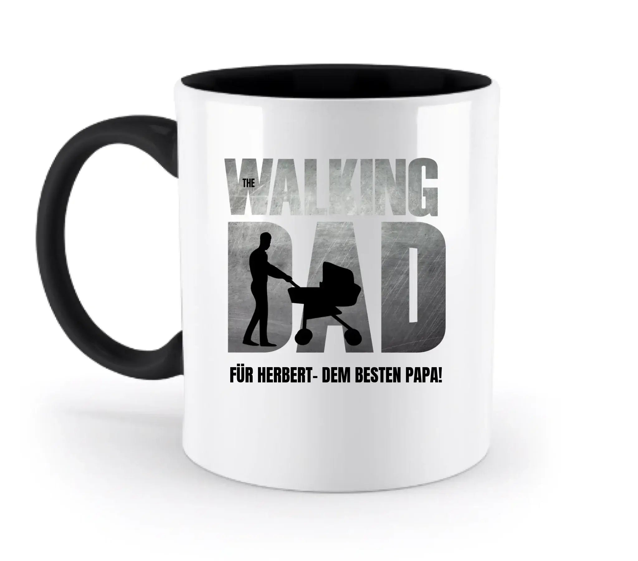 Weiße keramiktasse mit schwarzem griff und innenraum, grauer walking dad print, spülmaschinenfest, personalisierbar, vatertag
