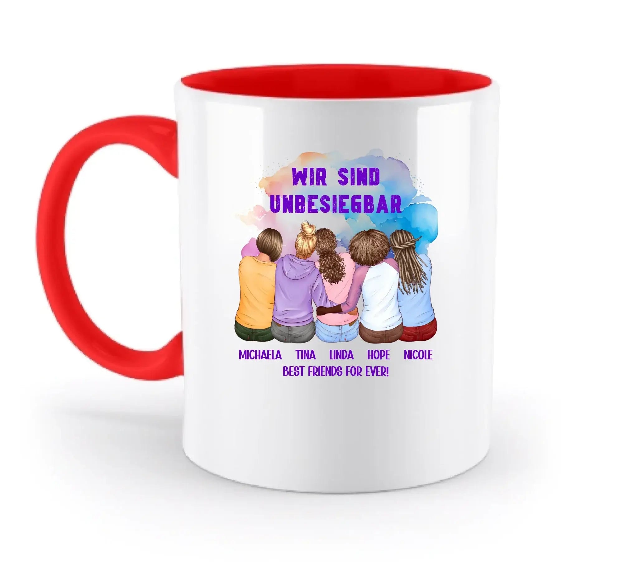 Weiße keramik tasse mit rotem griff und innenfarbe, bunte aquarellzeichnung von fünf freundinnen beim umarmen, spülmaschinenfest