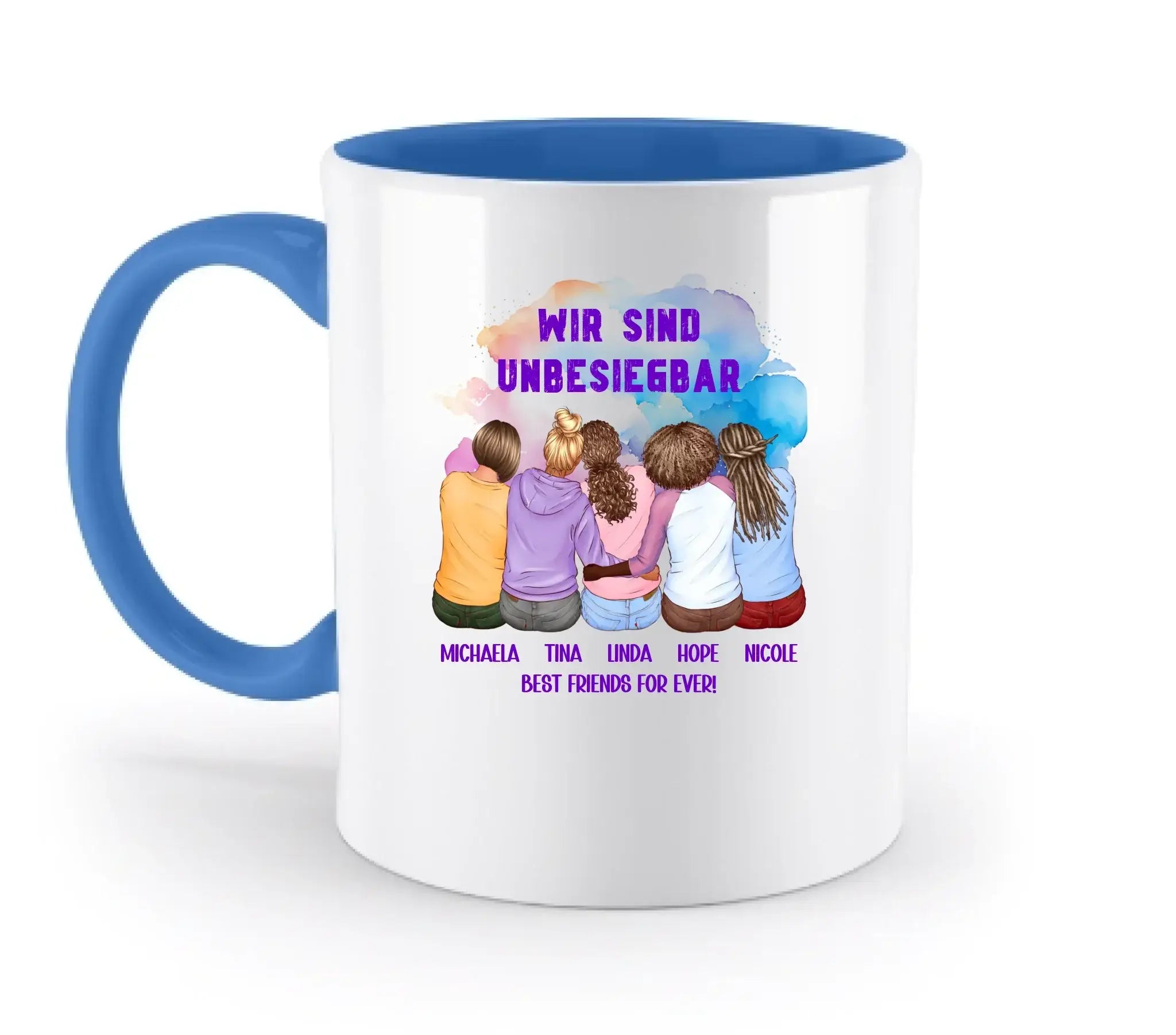 Weiße keramiktasse mit blauem griff und innenraum, bunte aquarellzeichnung von fünf freundinnen zum personalisieren