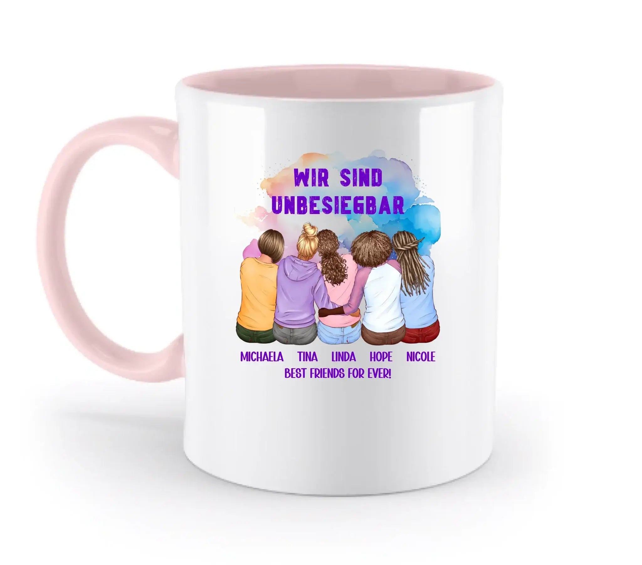 Weiße keramik tasse mit rosa griff und innen und buntem aquarellbild von fünf freundinnen mit namen spülmaschinenfest