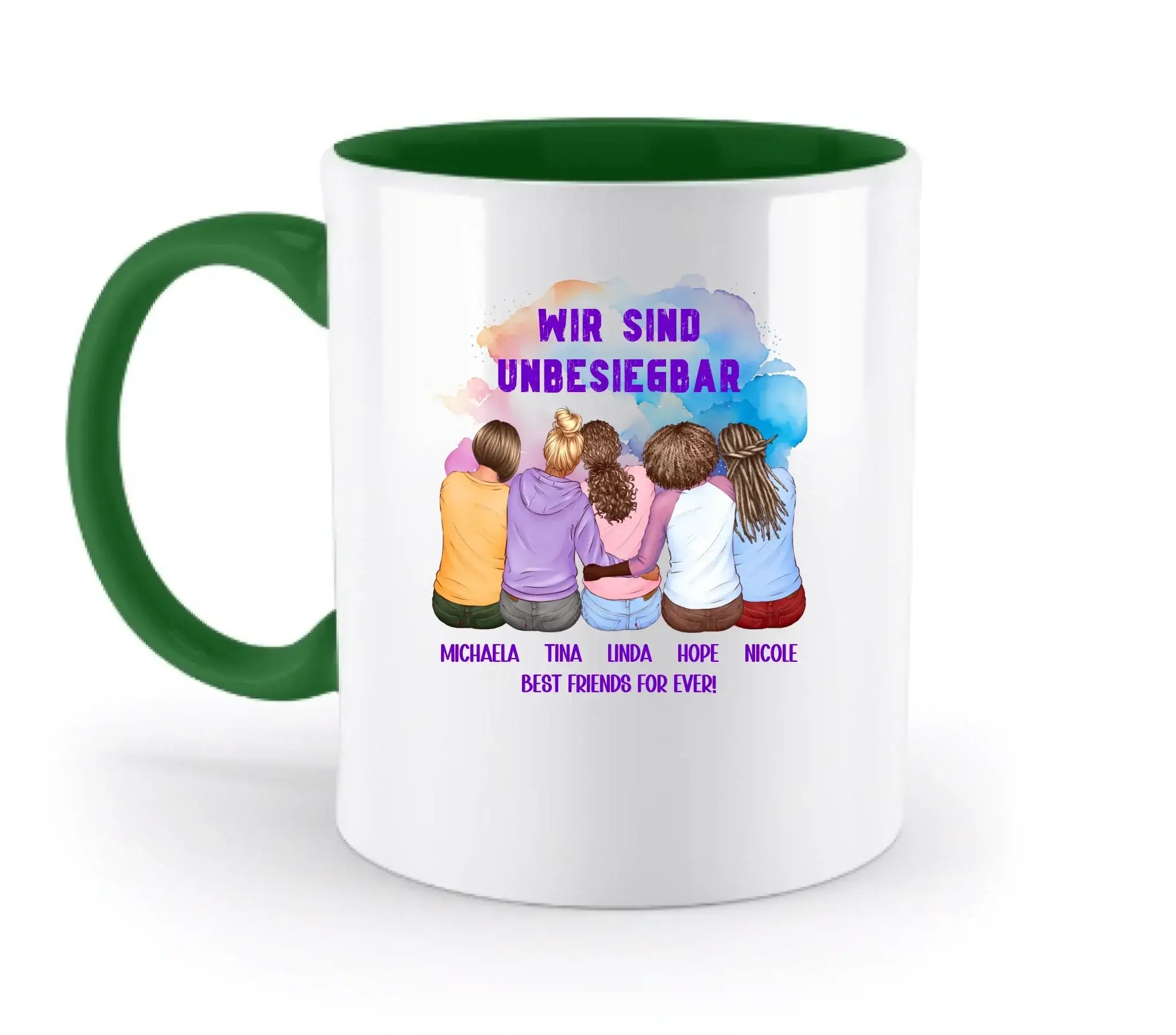Weiße keramik tasse mit grünem inneren und griff, illustration von fünf freundinnen mit text wir sind unbesiegbar, spülmaschinenfest und personalisierbar
