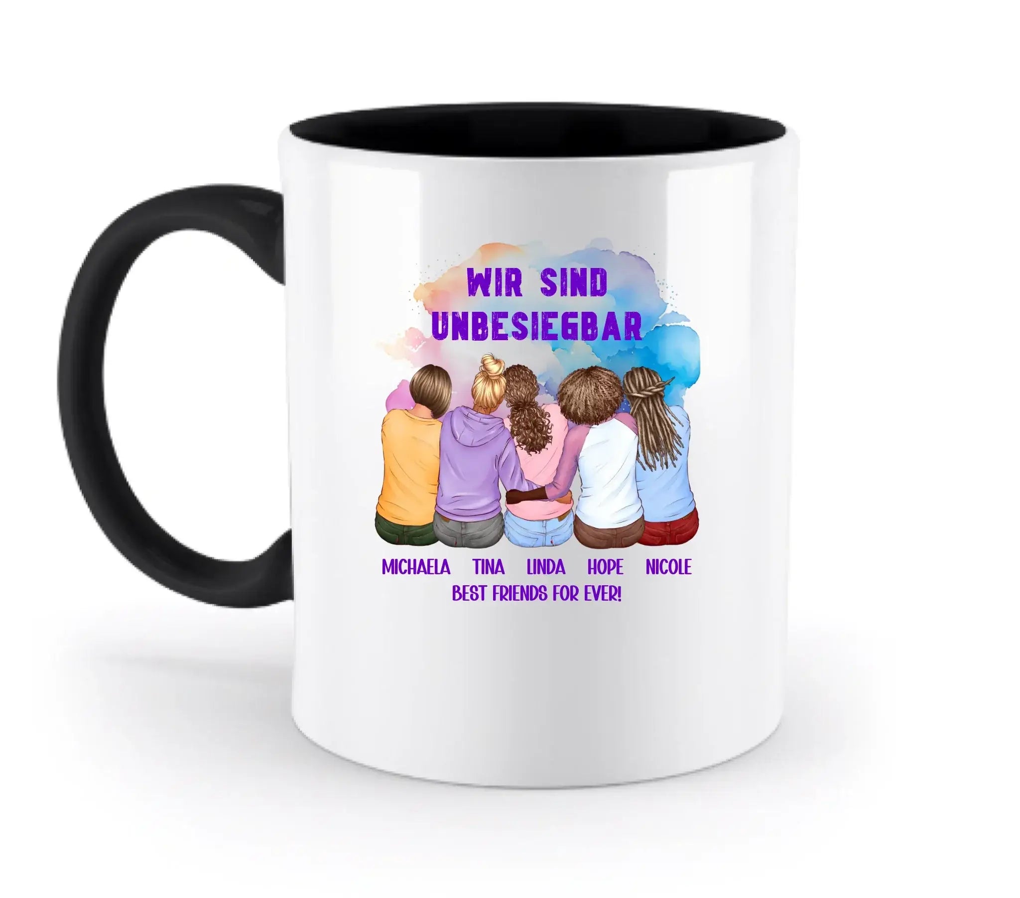 Weiße keramik tasse mit schwarzem griff und innenraum spülmaschinenfest mit bunter illustration und wir sind unbesiegbar text