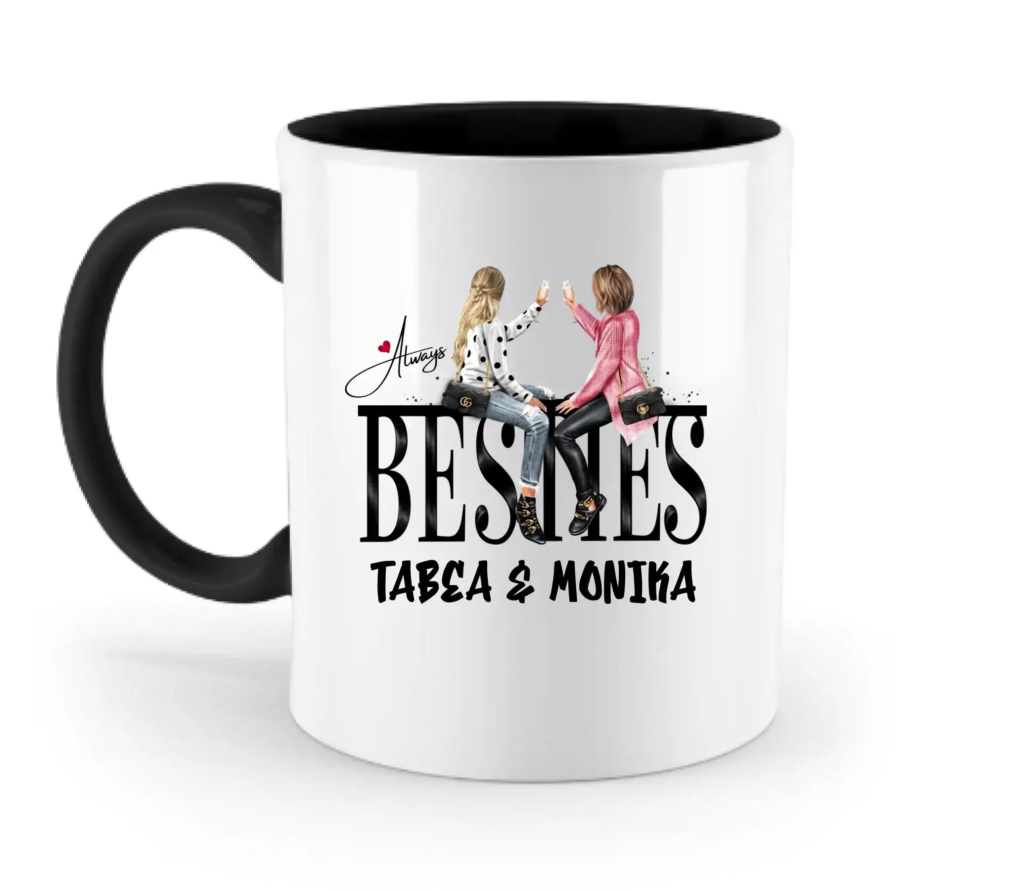 Weiße keramik tasse mit schwarzem griff und innen und motiv zwei frauen in rosa und weiß beim anstoßen spülmaschinenfest