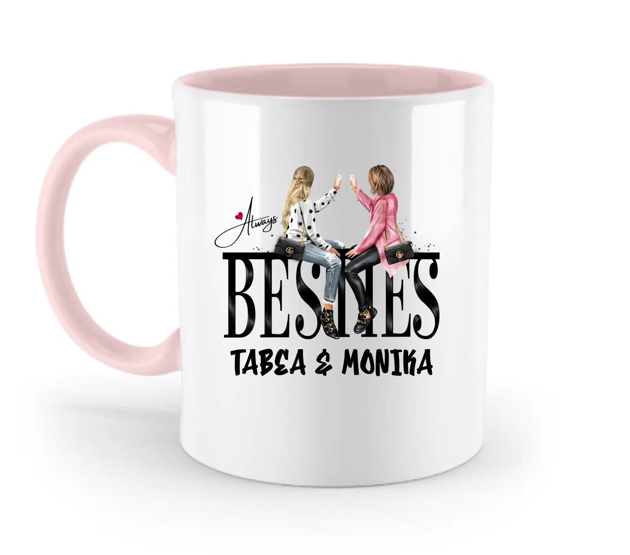 Weiße keramik tasse mit pinkem griff und innen mit illustrativem design zwei frauen prosten und text always besides tabea & monika spülmaschinenfest personalisierbar