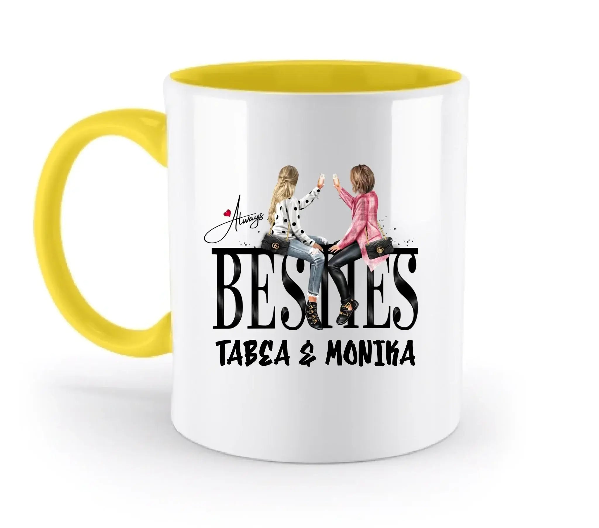 Weiße keramiktasse mit gelbem griff und innenbereich, design von zwei freundinnen und text always besn’s tabea monika