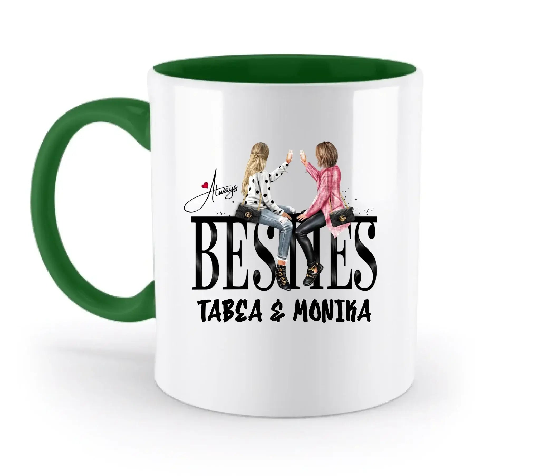 Weißkeramiktasse mit grünem griff und innenfarbe, besties girls illustration zum anstoßen, spülmaschinenfest personalisierbar