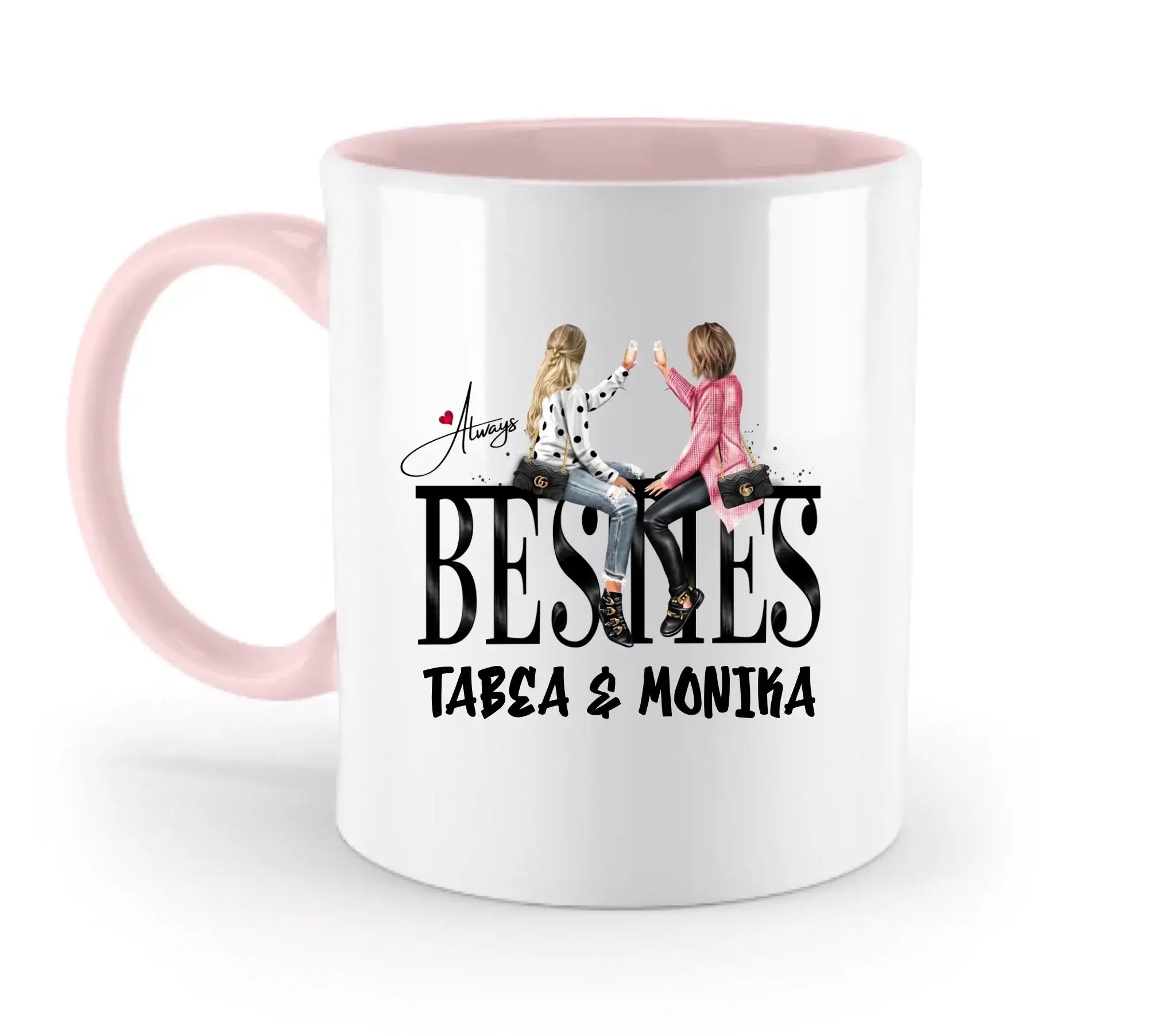 Weiße keramiktasse mit pinkem griff und innenraum, illustration zweier frauen, spülmaschinenfest und personalisierbar