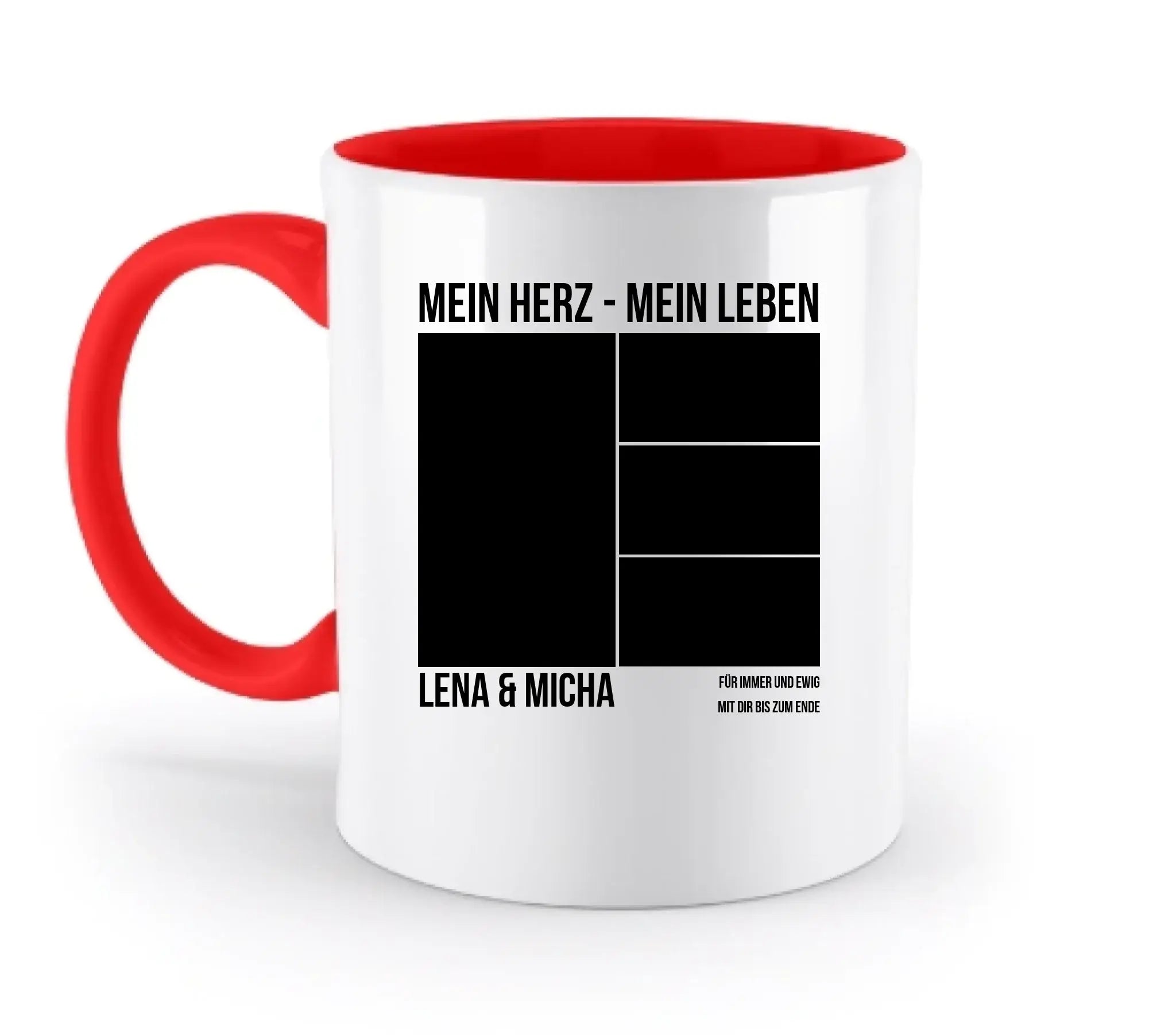 Weiße keramiktasse mit rotem innenraum und griff personalisierbar mit foto collage und spülmaschinenfest