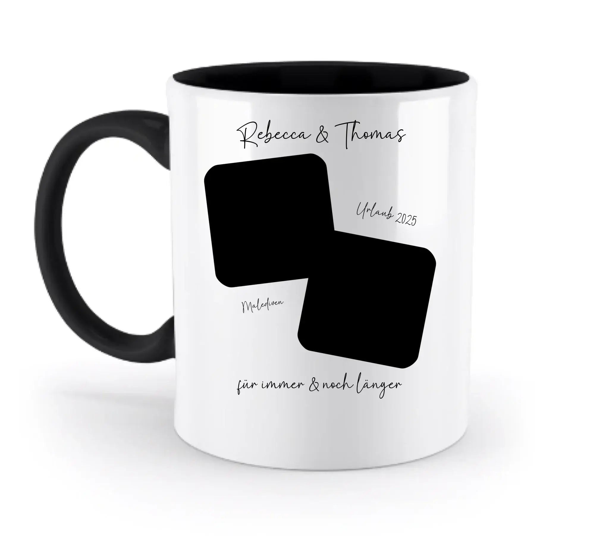 Weiße keramik tasse mit schwarzem griff und innen, zwei große rechteckige foto slots zum personalisieren, spülmaschinenfest