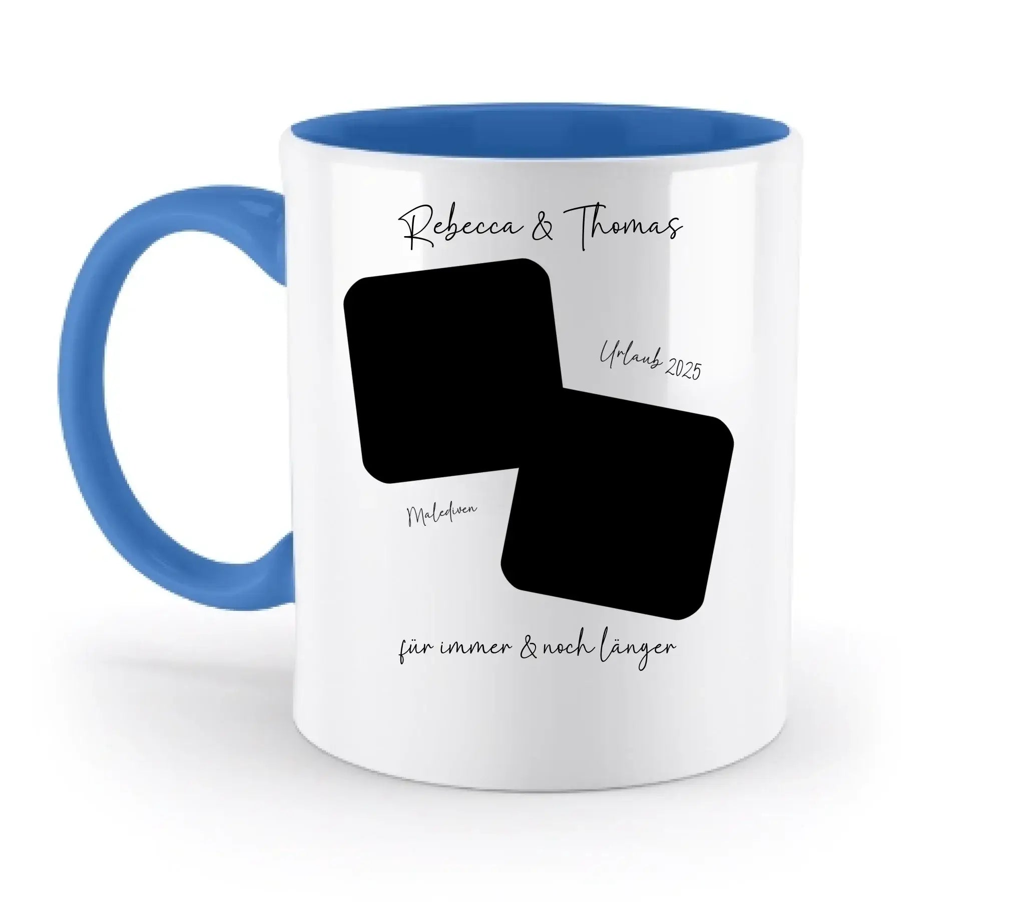 Weiß keramiktasse mit blauem innenraum und griff personalisierbar mit foto quadraten und wunschtext spülmaschinenfest