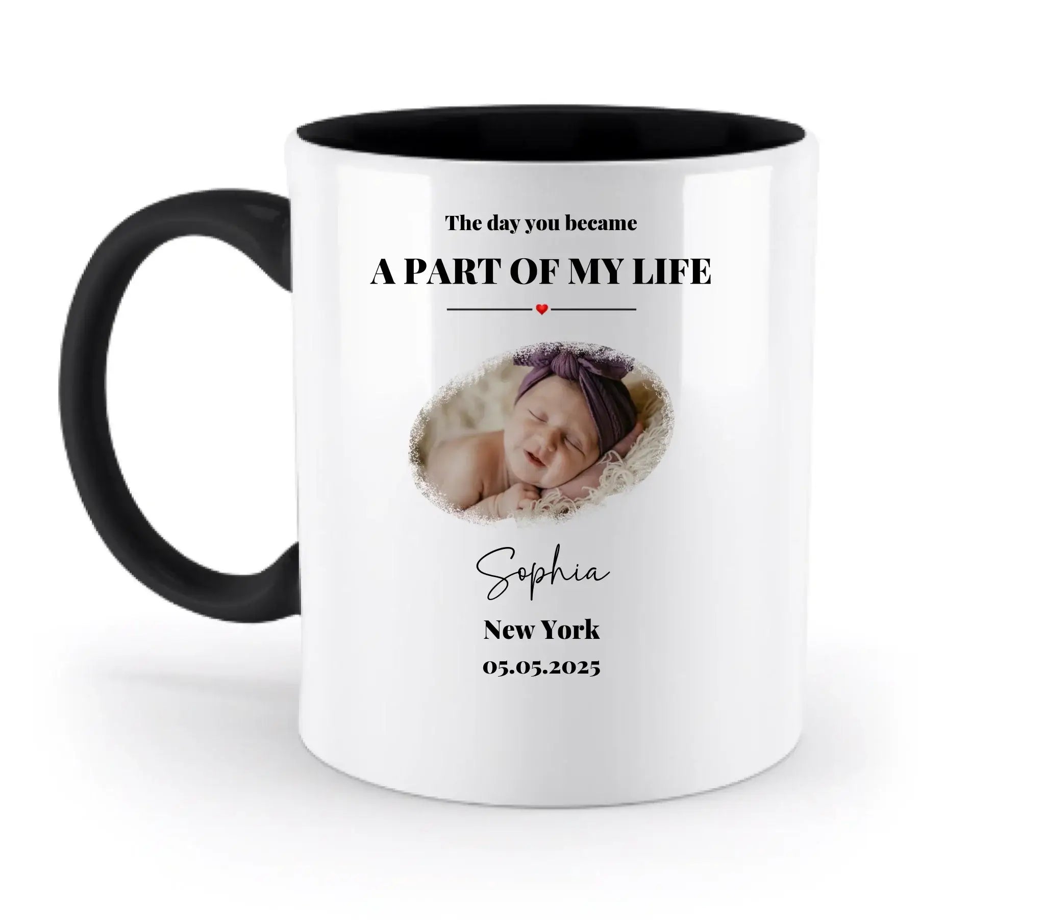 Weiße keramik tasse mit schwarzem griff und innen personalisierbar mit babyfoto sophia und text spülmaschinenfest