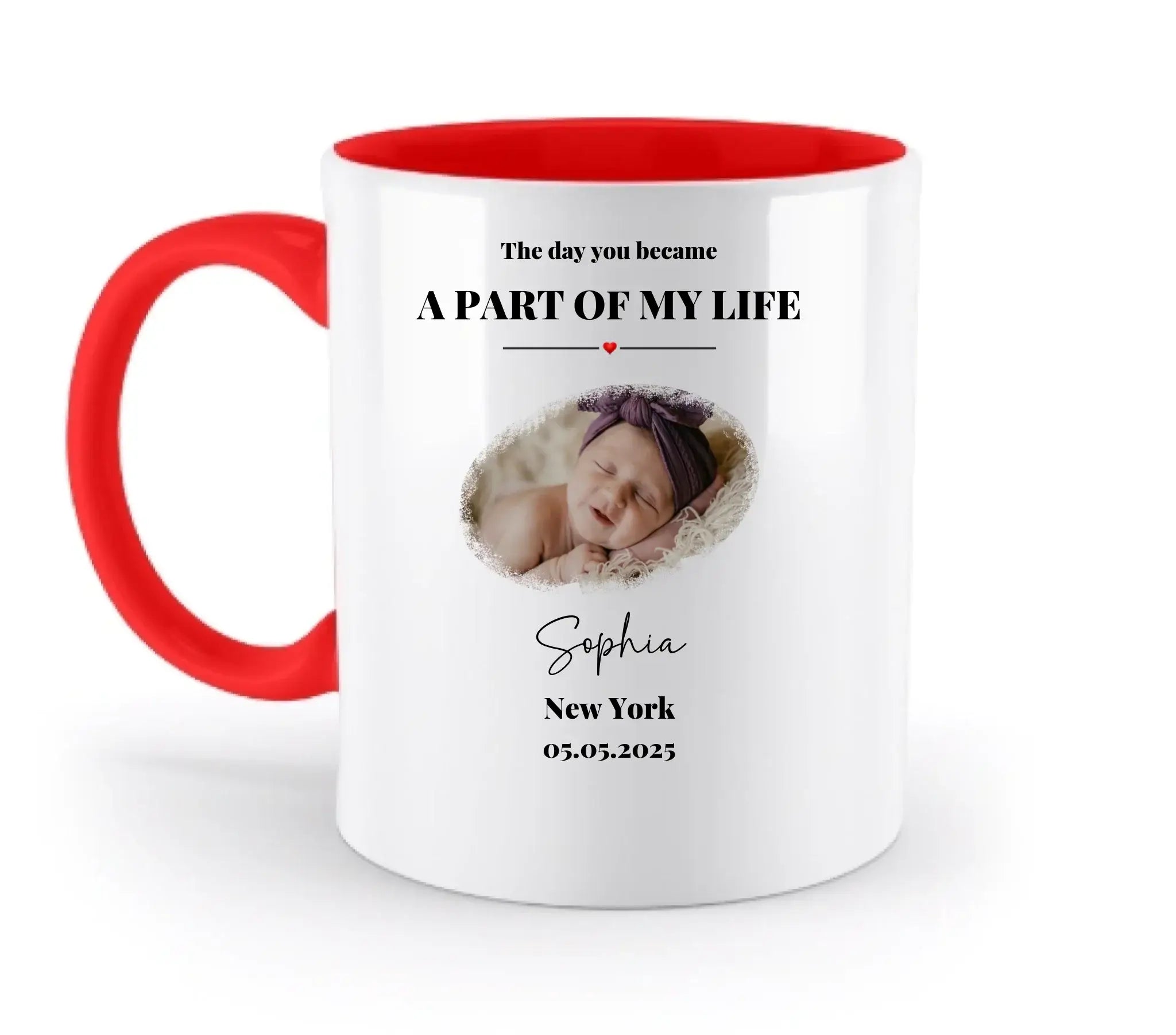 Weiße keramik-tasse mit rotem griff und innenfarbe, personalisiert mit babyfoto sophia und datum, spülmaschinenfest