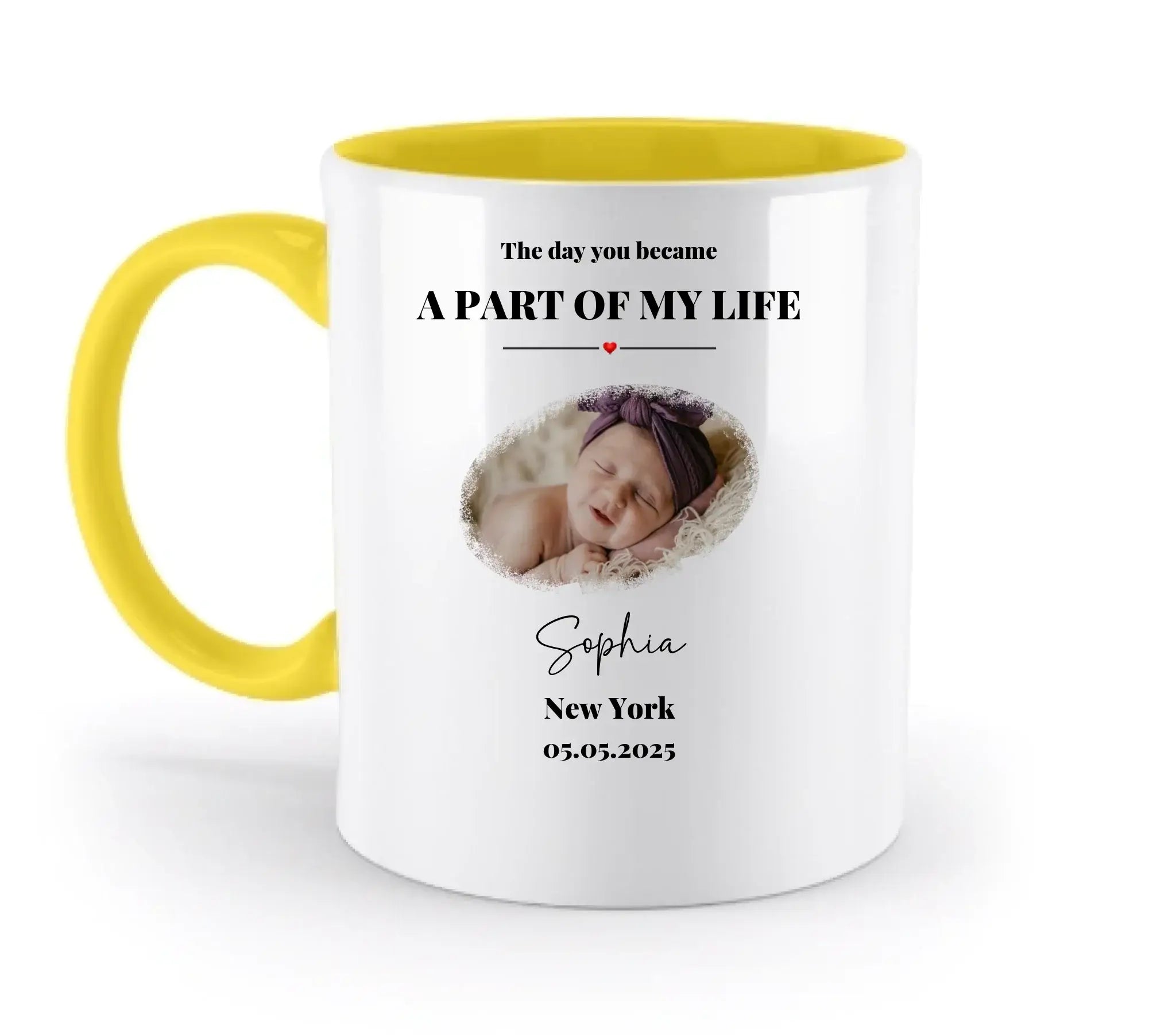 Weiße keramiktasse tasse dein foto splash mid mit gelbem griff und innenseite personalisierbar spülmaschinenfest mit babyfoto sophia und geburtsdatum