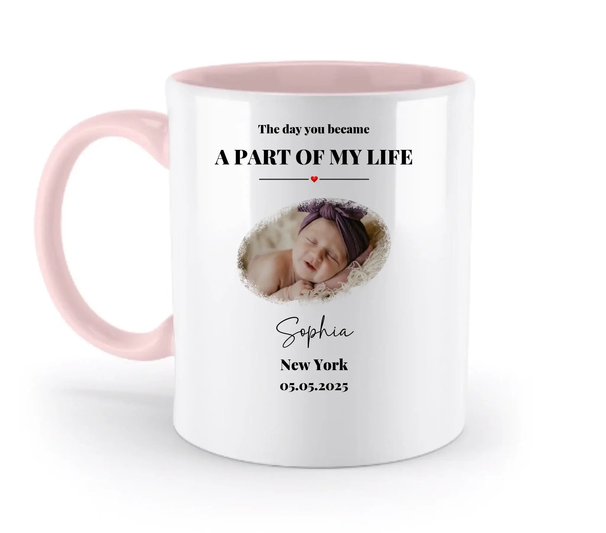 Weiße keramik-tasse mit pinkem griff und innen personalisiert mit ovalem babyfoto spülmaschinenfest
