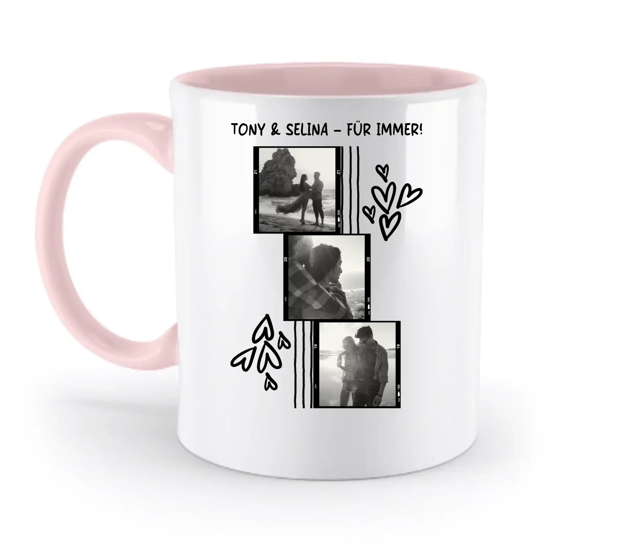 Weiße keramiktasse mit pinkem griff und innenbereich, spülmaschinenfest, personalisierbar mit schwarz-weiß fotos in filmstreifen-collage und herzzeichnungen