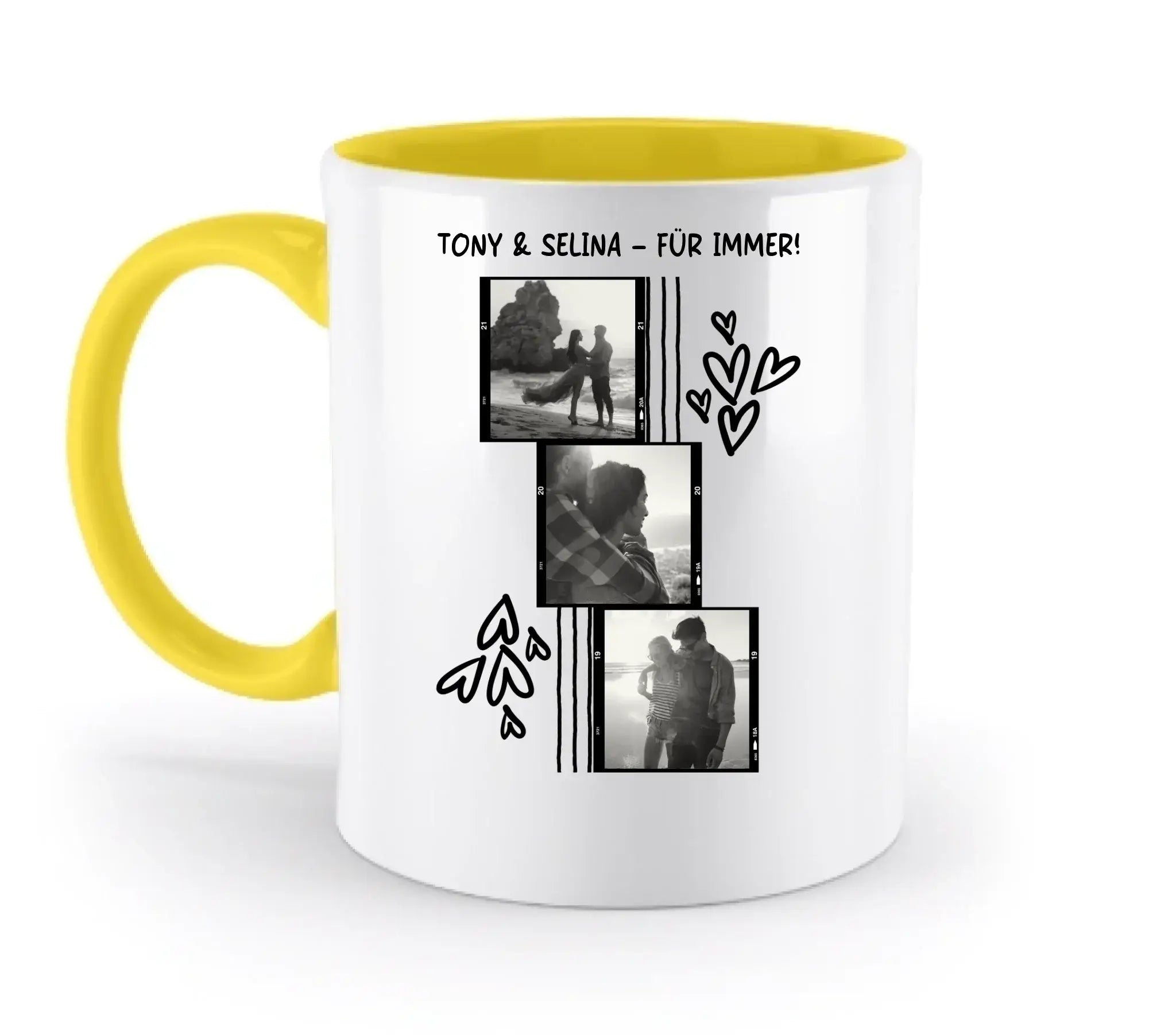 Weiße keramiktasse mit gelbem griff und innen, personalisierbare 3er foto-collage im filmstreifen-stil, spülmaschinenfest
