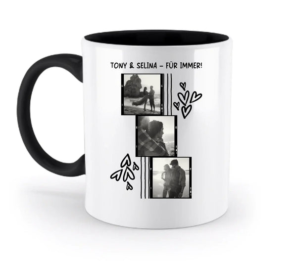 Weiße keramiktasse mit schwarzem griff und innenbereich personalisiert mit 3er fotomotiv collage und herzen spülmaschinenfest