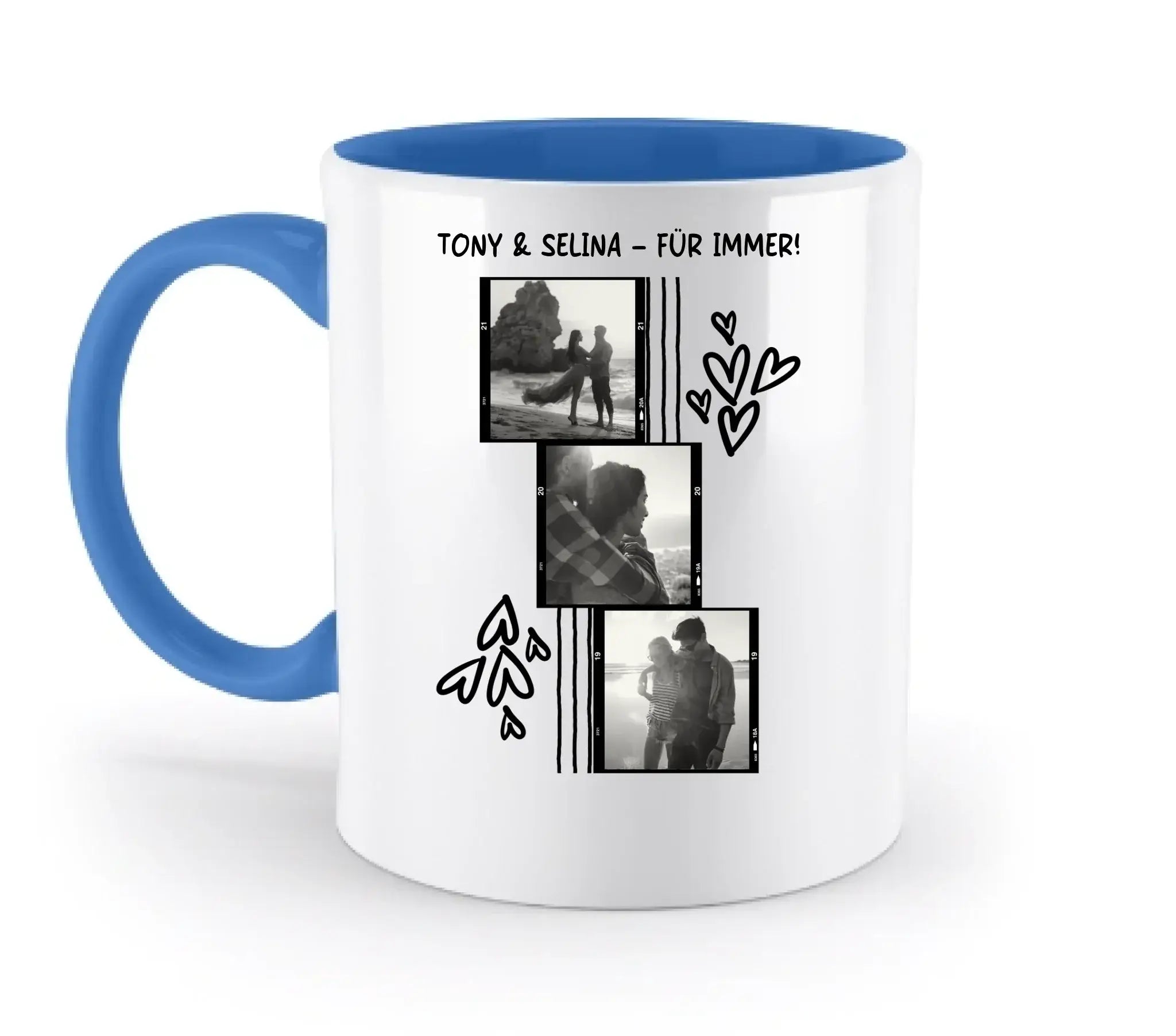 Blaue keramiktasse mit personalisierbarem fotomotiv 3er collage in schwarzweiß und herzmotive spülmaschinenfest