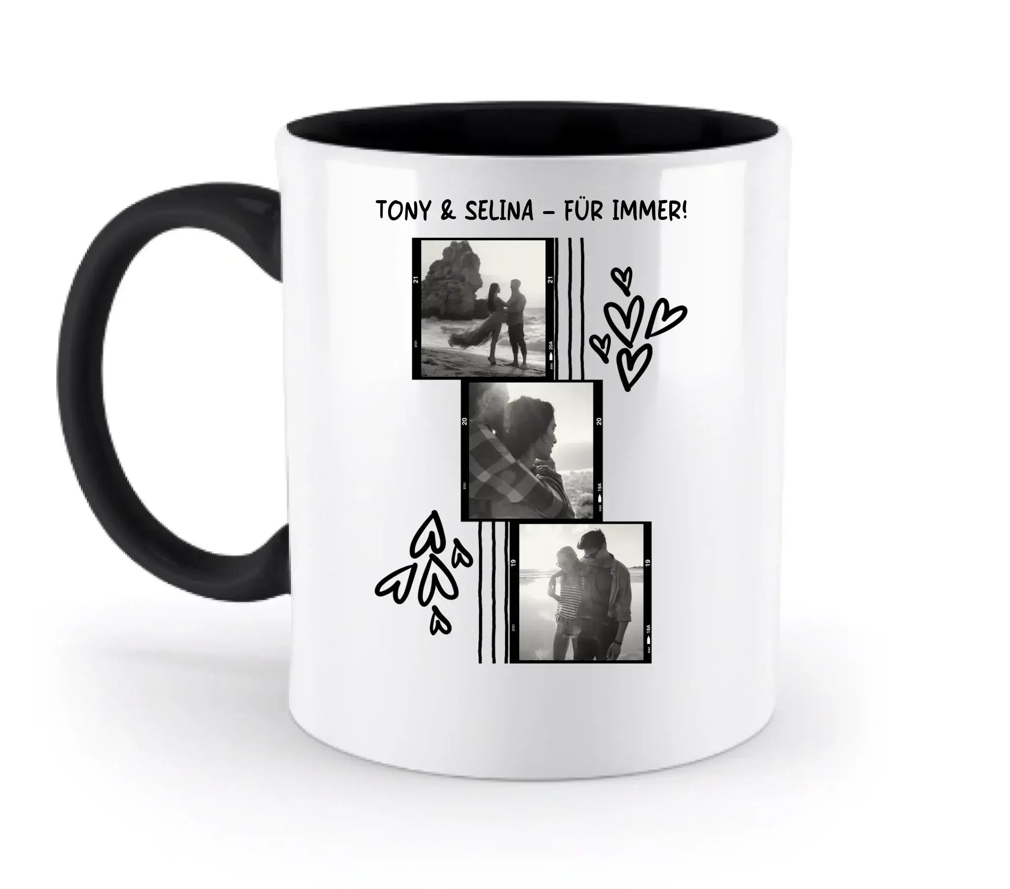 Weiße keramiktasse mit schwarzem griff und innen personalisierbar mit 3er fotomotiv collage spülmaschinenfest