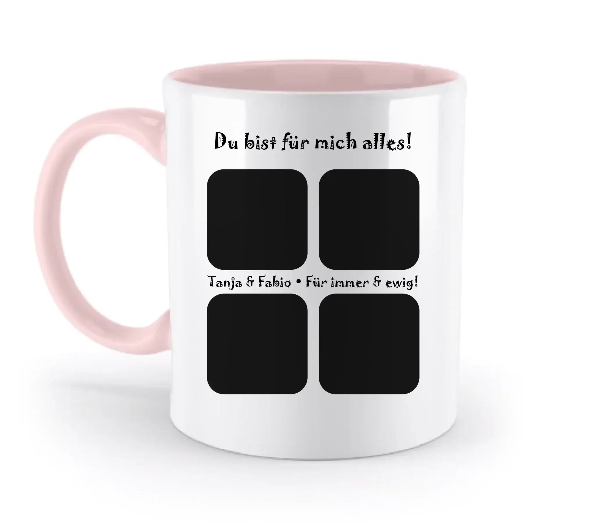 Weiße keramiktasse mit pinkem griff und innenfarbe, schwarzer schrift und vier quadratischen fotofeldern, spülmaschinenfest und personalisierbar