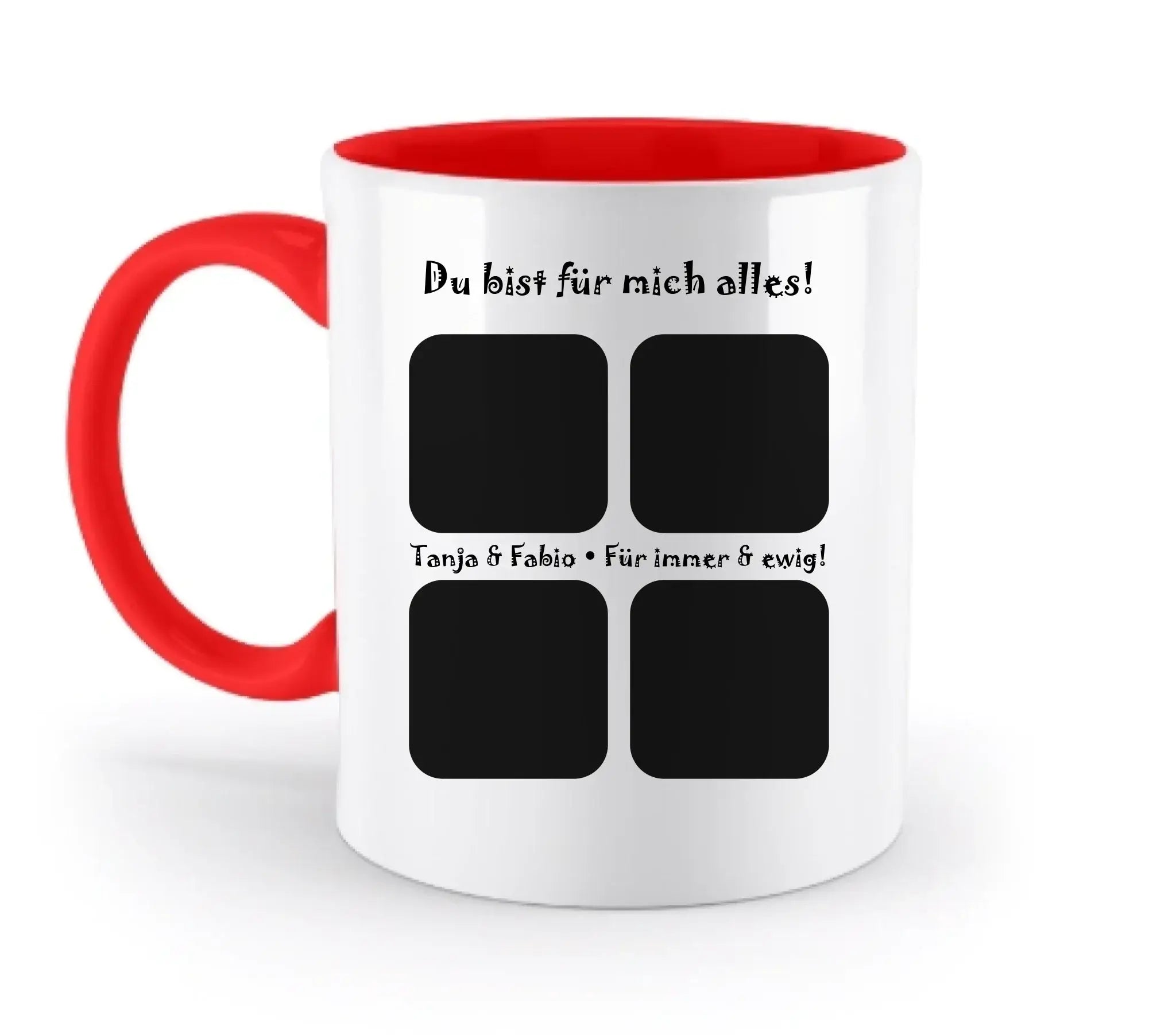 Weiße keramiktasse mit rotem griff und innenraum mit vier quadratischen fotofeldern spülmaschinenfest personalisierbar