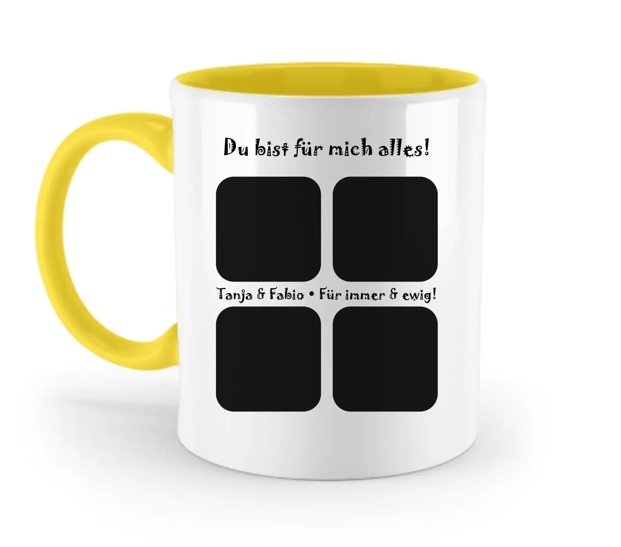 Weiße keramik tasse mit gelbem griff und innen personalisierbar mit fotomotiv 4er collage spülmaschinenfest