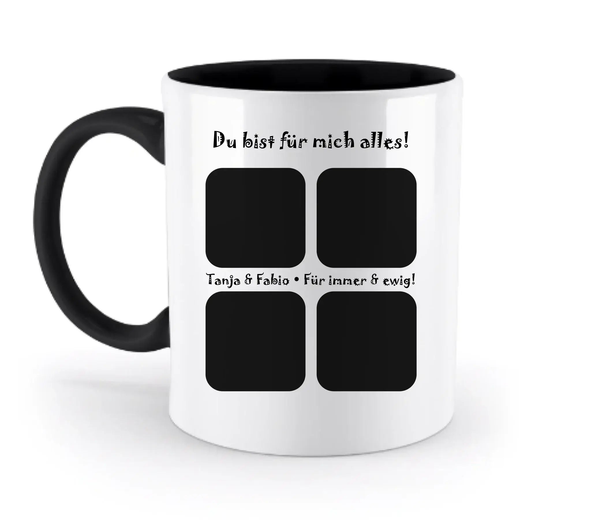 Weiße keramiktasse mit schwarzem griff und innen, personalisierbar mit 4 bilder collage und deutschem text