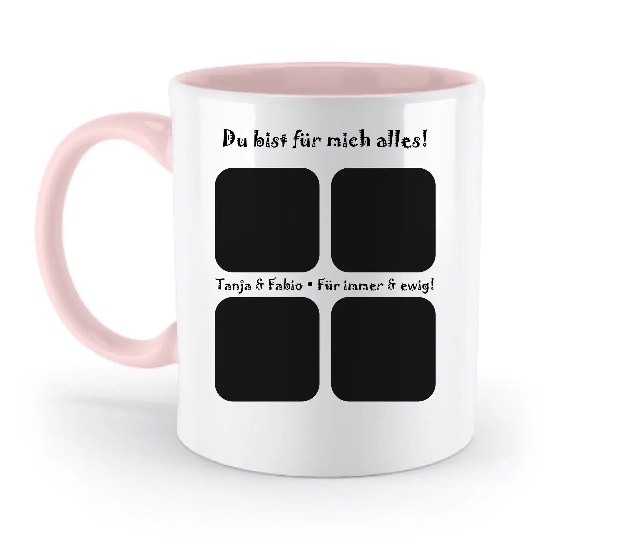 Weiße keramiktasse mit rosa henkel und innenseite, schwarzem text und vier quadratischen fotoslots personalisierbar