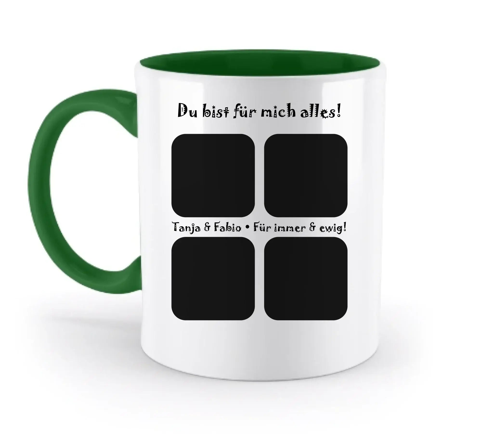 Weiße keramik tasse mit grünem griff und innenfarbe personalisierbar mit 4 foto slots spülmaschinenfest