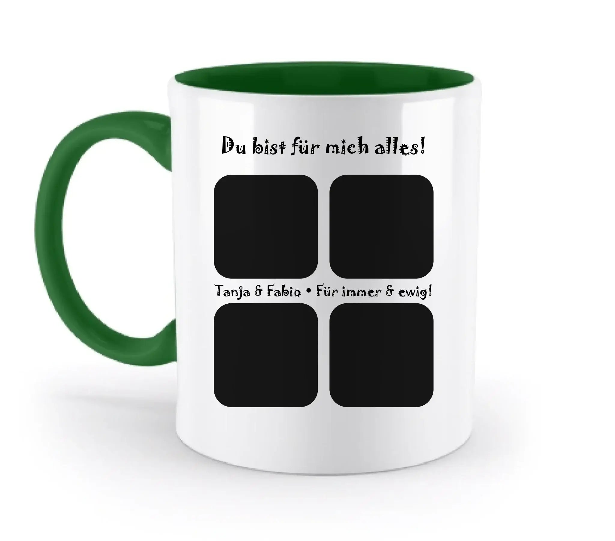 Weiße keramiktasse mit grünem griff und innen, schwarz bedruckt, mit vier foto platzhaltern, spülmaschinenfest