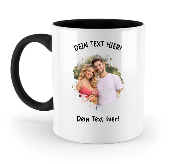 Weiße keramiktasse mit schwarzem griff und innenfläche, personalisierbar mit fotomotiv farbklekseffekt, spülmaschinenfest