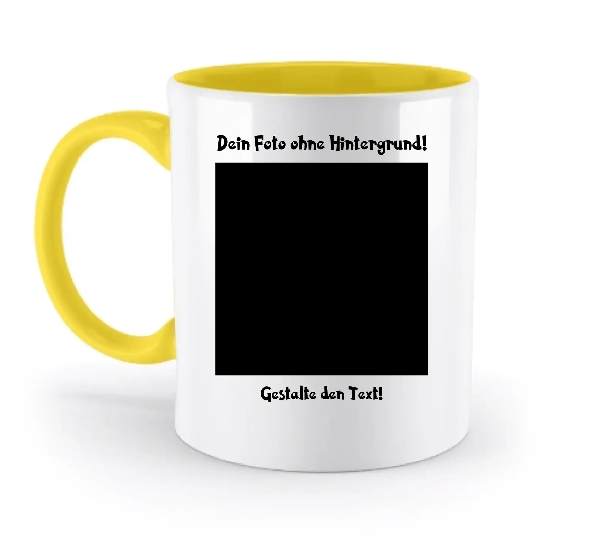 Weiße keramiktasse mit gelbem griff und innenraum personalisierbar mit fotomotiv und hintergrundentferner
