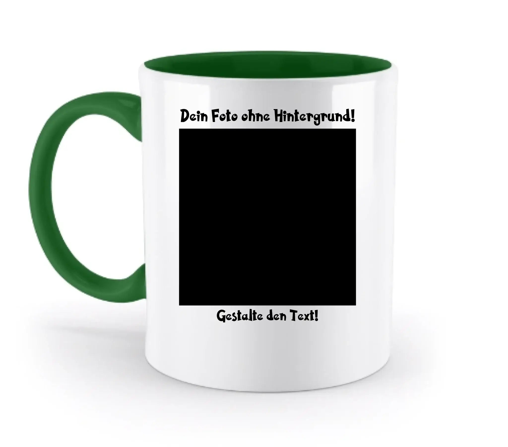 Weiße keramik-tasse mit grünem griff und innenfarbe, personalisierbar mit fotomotiv und spülmaschinenfest