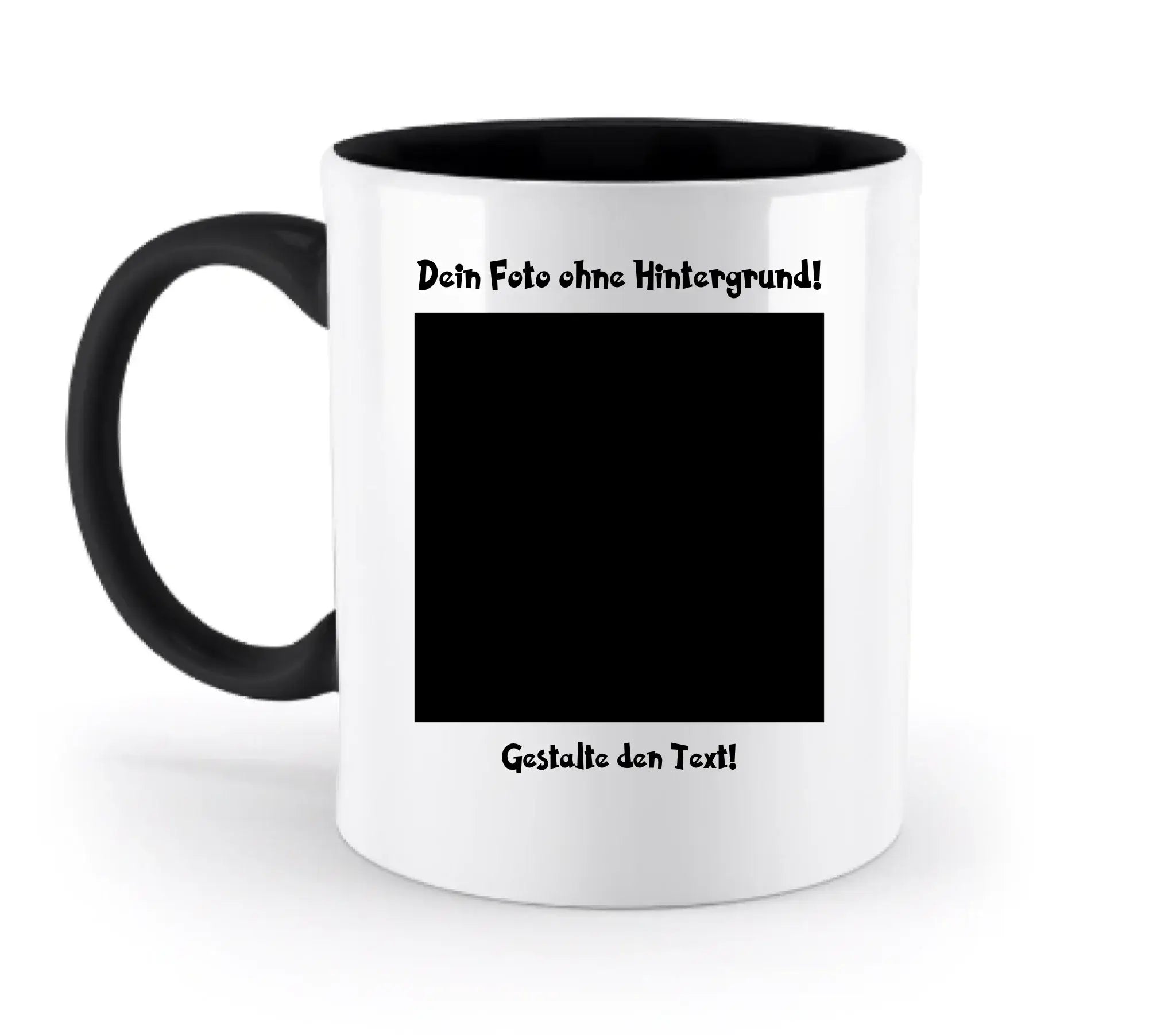 Weiße keramiktasse mit schwarzem griff und innenbereich personalisierbar mit fotomotiv spülmaschinenfest