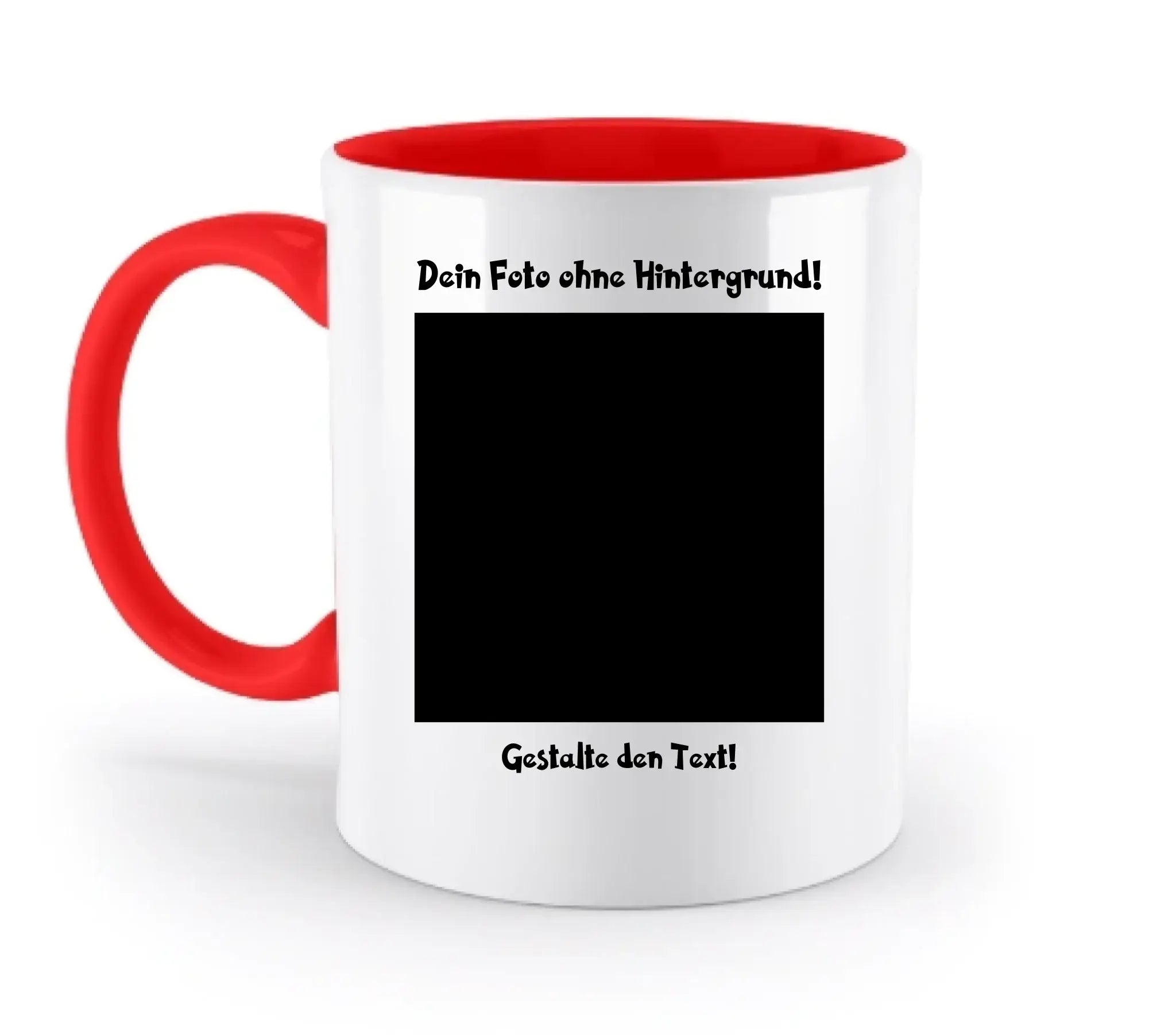 Weiße keramiktasse mit rotem griff und innenfarbe, spülmaschinenfest und personalisierbar mit fotomotiv