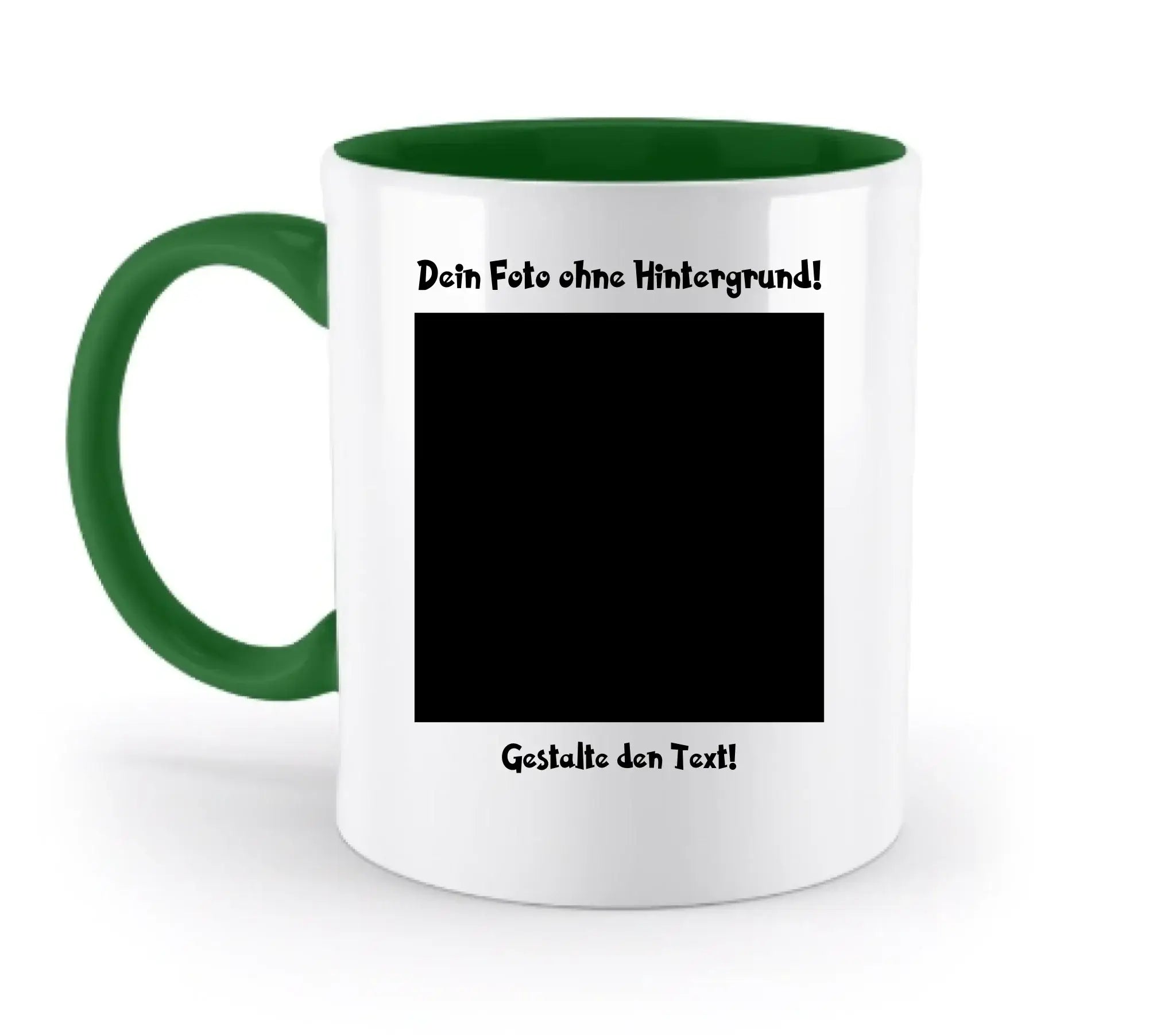 Weiße keramik tasse mit grünem griff und innen, personalisierbar mit fotomotiv und ohne hintergrund, spülmaschinenfest