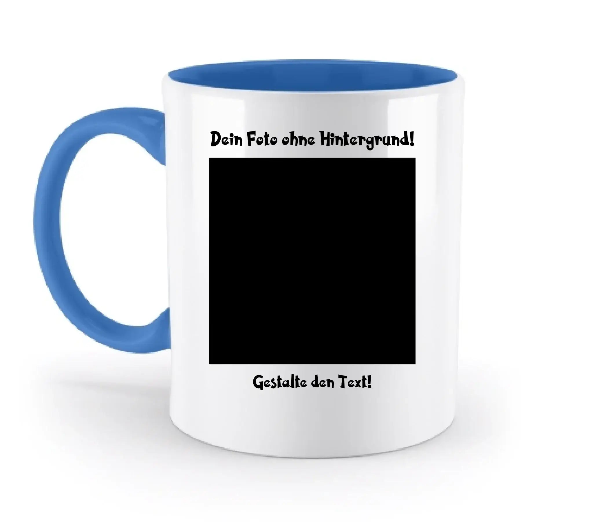 Weiße keramik tasse mit blauem innenraum und griff personalisierbar mit deutschem text zum foto ohne hintergrund