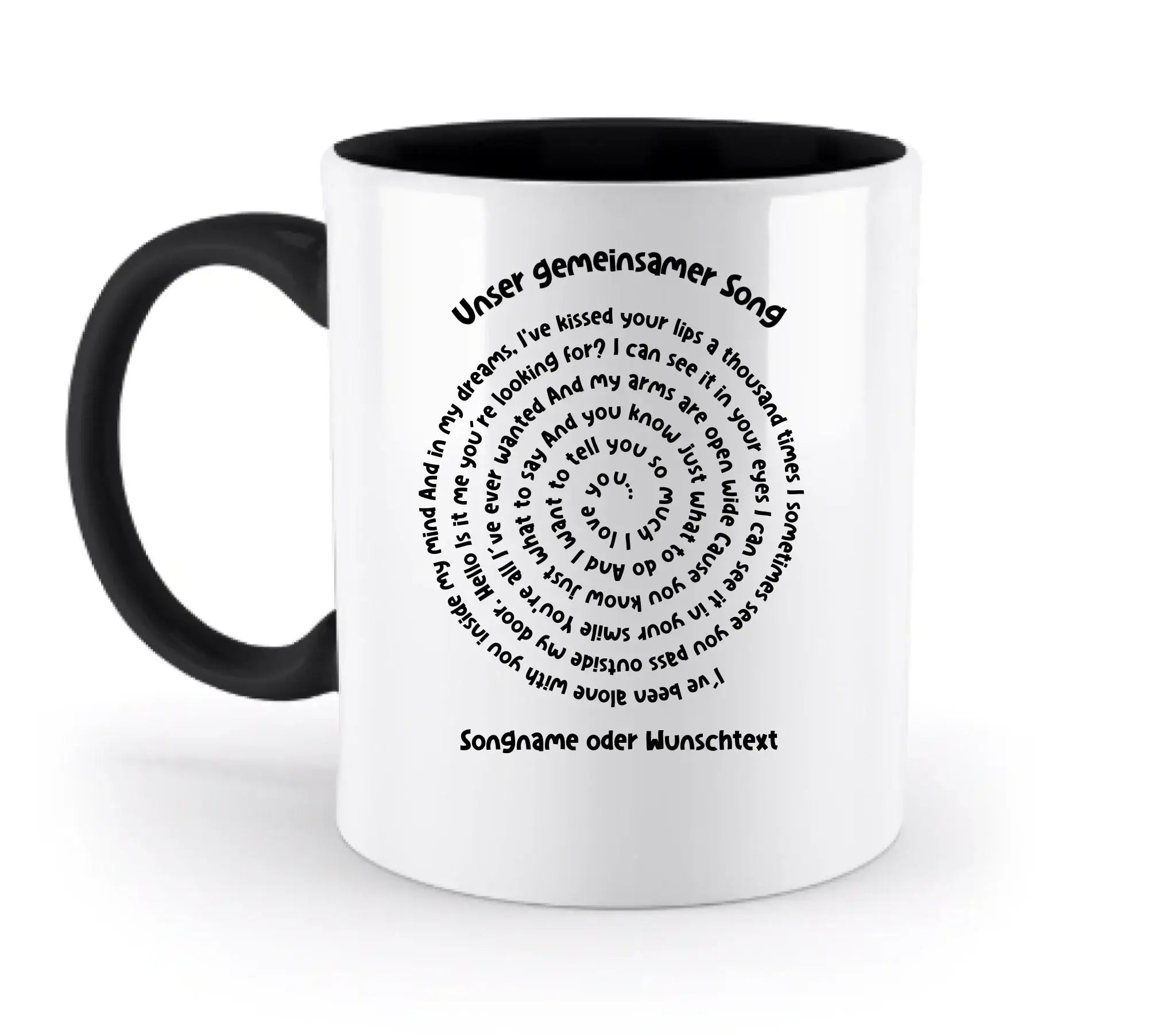 Weiße keramiktasse mit schwarzem griff und innenfarbe, spiraltext aus spotify-lyrics, spülmaschinenfest und personalisierbar